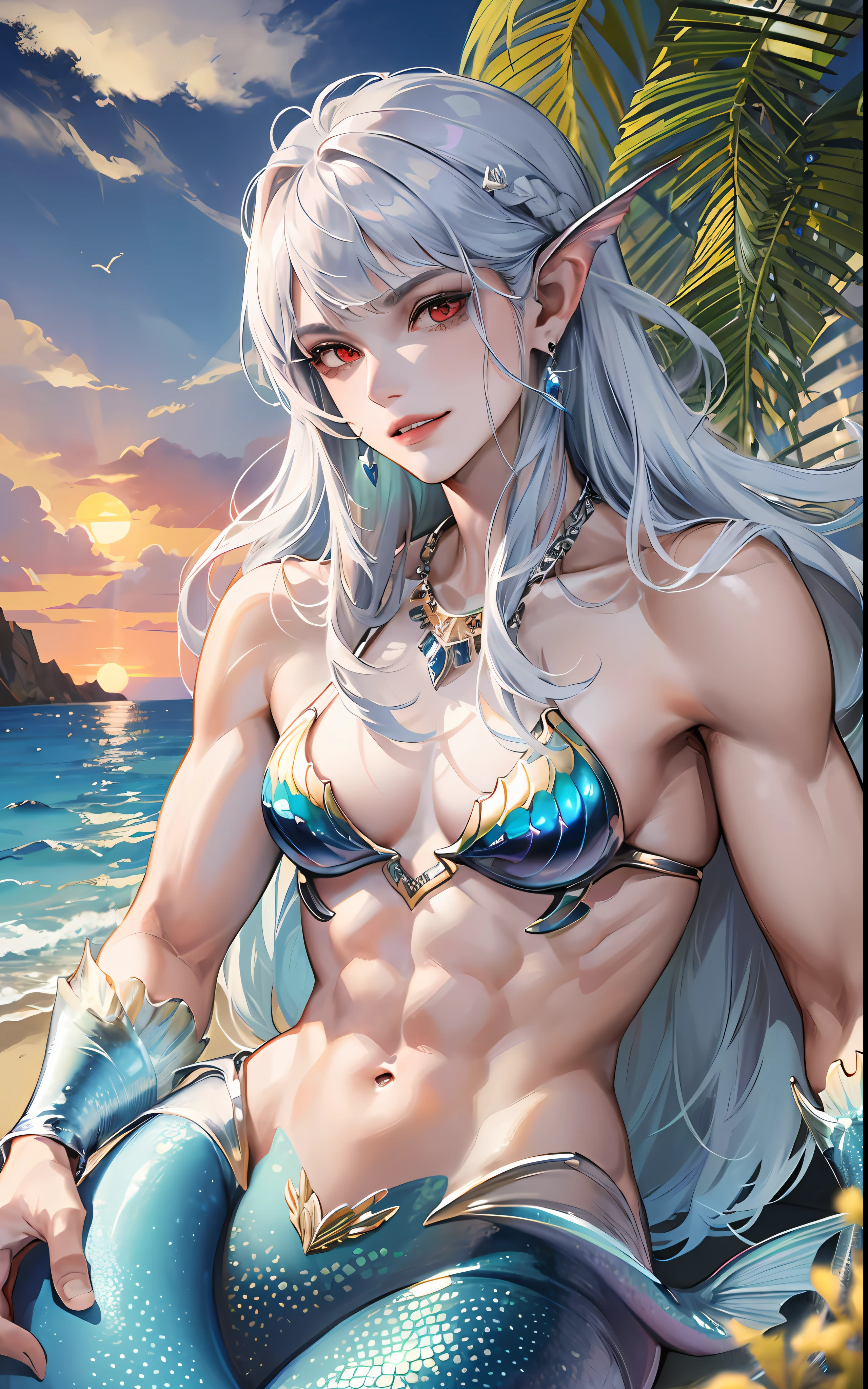 man, masculine, masculine face, attractive, muscular, (((1man))), masterpiece, absurdres, best quality ,intricate details , (shiny skin, shiny body, shiny oily luster skin, shiny hair, pale skintone), Sundown, attractive, ((muscular)), adult, one, earrings, Don't look at the view , Not looking at the view, silver hair, braided hair, perfect detailed face, perfect detailed hands, triton, fins, red eyes, triton ears, ((MLS)), smirk, medium large shoot, marine ornaments, beach in the background, ((mermaid tail)), no legs