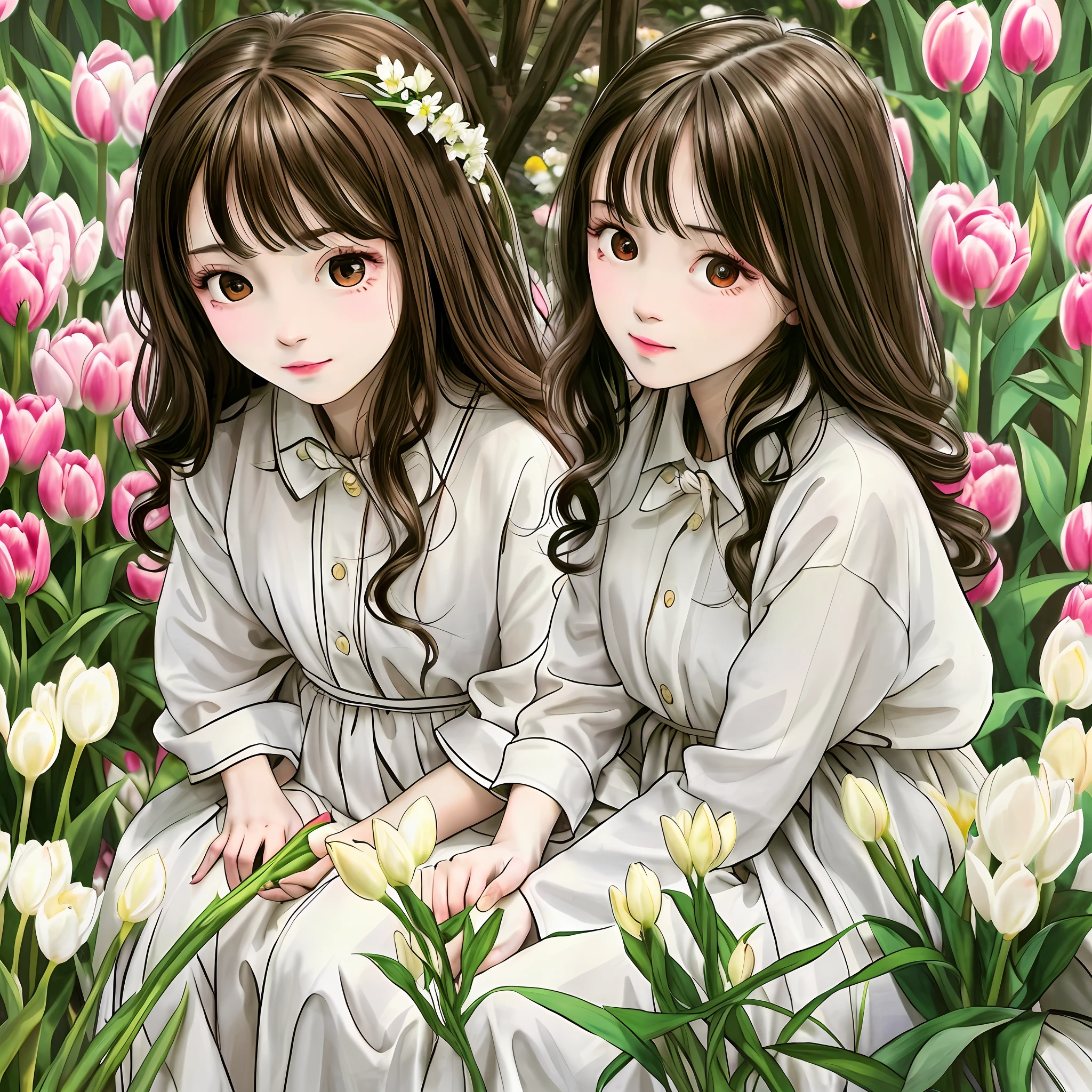 A girl in long dress, white brown eyes, curly hair, white skin, sitting in a garden with tulips, birds