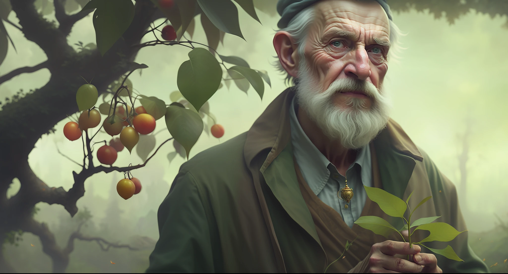 there is a man holding a plant in his hand, by Ludwik Konarzewski Jr, senior concept artist, by Ludwik Konarzewski, old man, wlop and andrei riabovitchev, portrait of hide the pain harold, by Tadeusz Pruszkówski, druid portrait, by Aleksander Gine