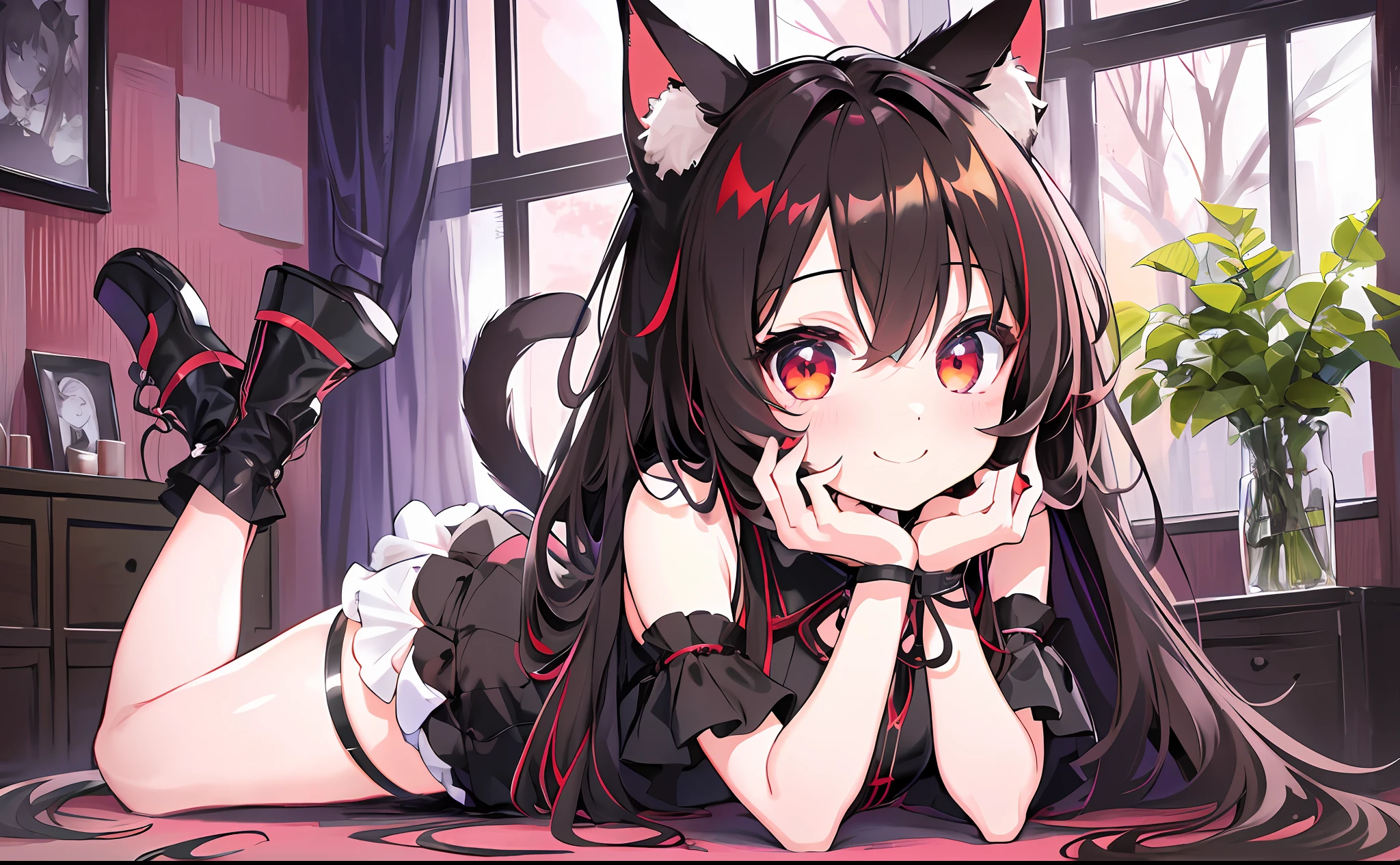 (Chibi Chibi: 1.3), Solo, Full Body, Glossy Red Goth Loli, Lying, Highly Detailed Face, Black Knee High, (Absolute Area: 1.2), (Smile: 1.4), Lively, (Gravure Pose: 1.5), Beautiful Detailed Eyes, Look Up, (Eye Fit), Light Brown Long Hair, Cat Ears, Neon, Masterpiece, Top Quality, Highly Detailed 8k Wallpaper