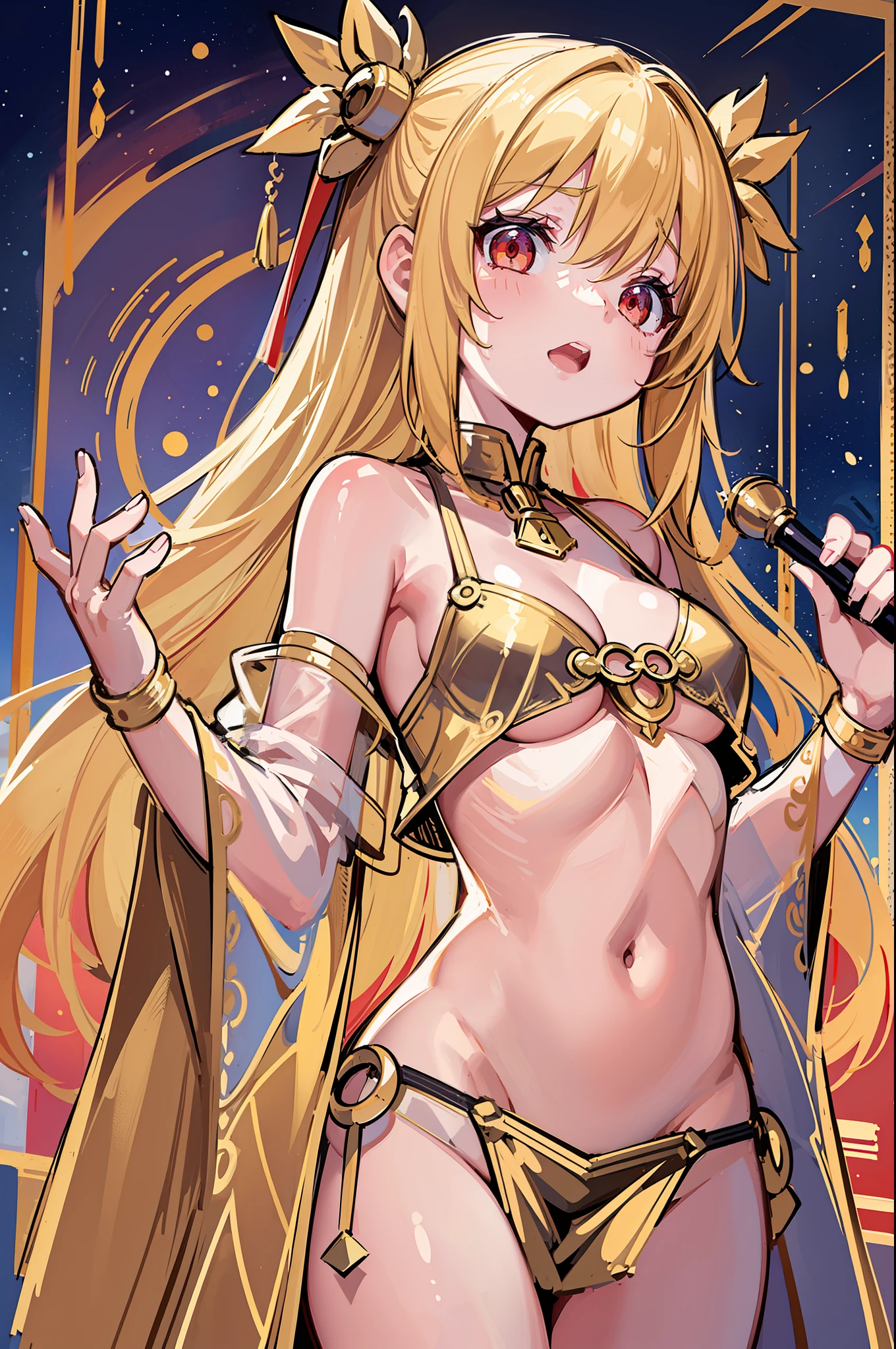 (MASTERPIECE), (Best Quality), (Ultra Detail), Official Art, One Girl, with Golden Hair, Petite Littiestess Lori, See-through Robe of White and Red and Gold, Off Shoulder, Small, Small, Small, Cleavage, Underboob, Thigh Focus, Navel Out, Card Illustration, Inside the Temple