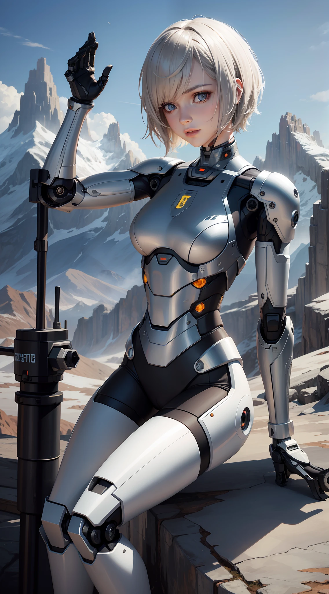 Rusty, mountain top background, white short hair woman, legs are rusty mechanical legs, fair skin, metallic texture, cyborg, robot parts, masterpiece, high quality, CGI art