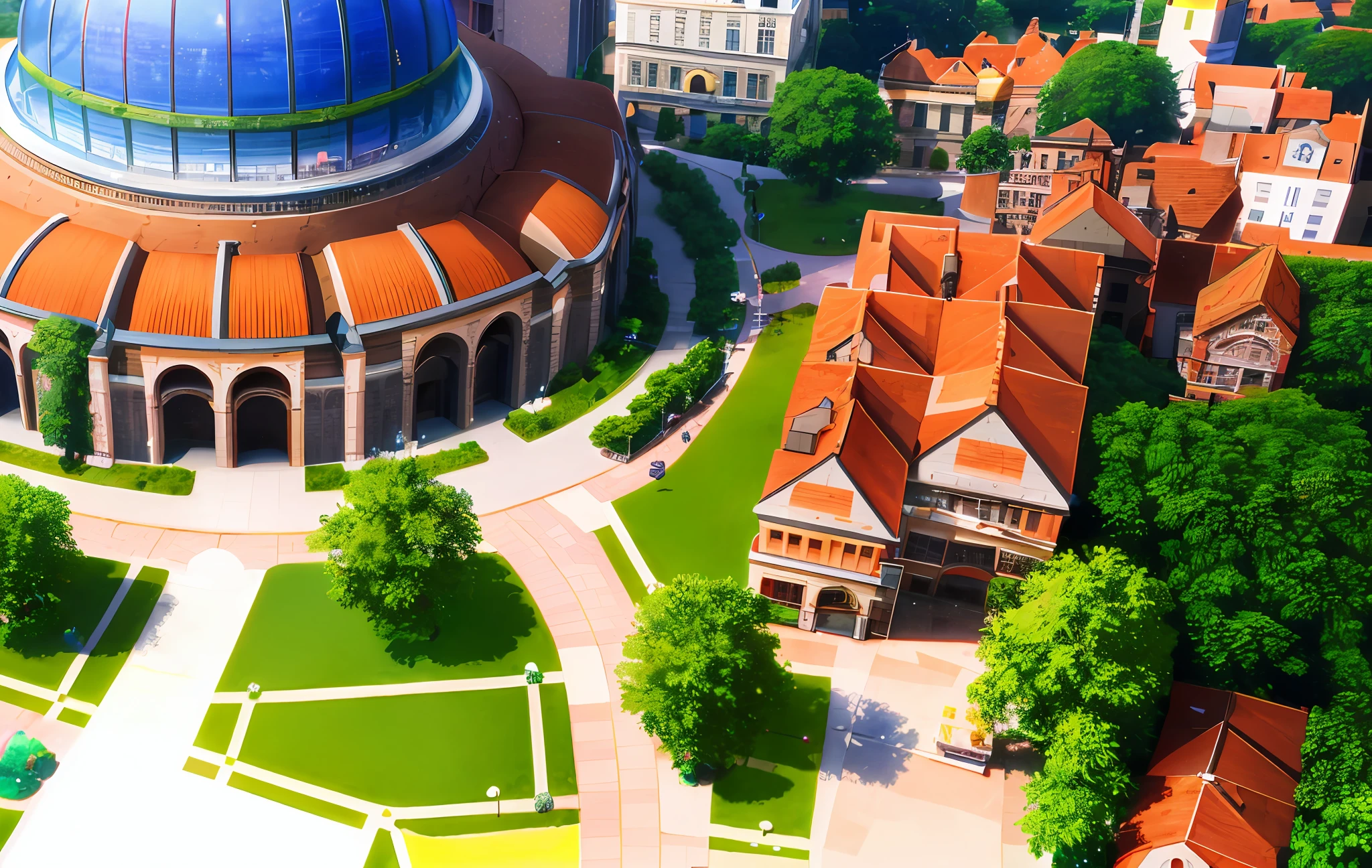 aerial view of a city with a dome and a green lawn, town center background, town background, in zootopia city, detailed photo of virtual world, screenshot from simcity pc game, pixar zootopia. 3 d rendering, photorealistic screenshot, highschool background, hyperdetailed!, wallpaper!, rendered in nvidia's omniverse, overwatch building, hyperdetailed!!