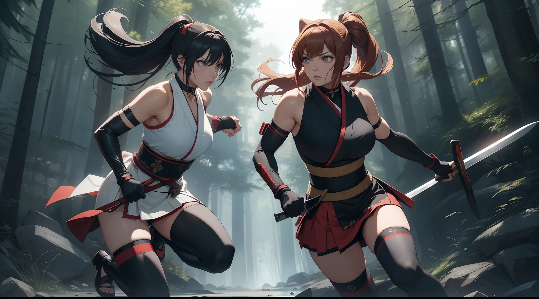 Full body shot of two female character from Dead or Alive game. Kasumi versus Ayame, fighting in a fierce duel death match with weapon short swords, with serious expression. Kasumi looking to Ayane, and Ayane looking to Kasumi. They have long loose hairstyle. They are wearing different color of traditional sleeveless kimono, with a floral print skirt, an obi tied on back hip, a pair of 100% black thigh highs, black shoes, a pair of thin long black elbow gloves, hand guards, and a choker. Background set in a dark forest.