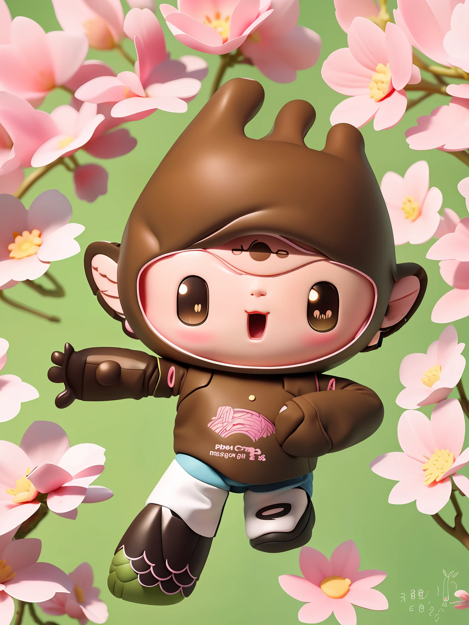(Daisaku), (Excellent), (Super Detailed), (Full Body: 1.2), Chibi, Cute, Smile, Open Mouth, Play Guitar, Music, Berets, Hold Guitar, Coat, Blush, Tree, :3, Shirt, Short Hair, Cherry Blossoms, Green Headgear, Confusion, Brown Hair, Blush Sticker, Long Sleeves, Bangs, Headphones, Brunette Hair, Pink Flower, (Beautiful and Delicate Face), (Beautiful and Delicate Eyes),