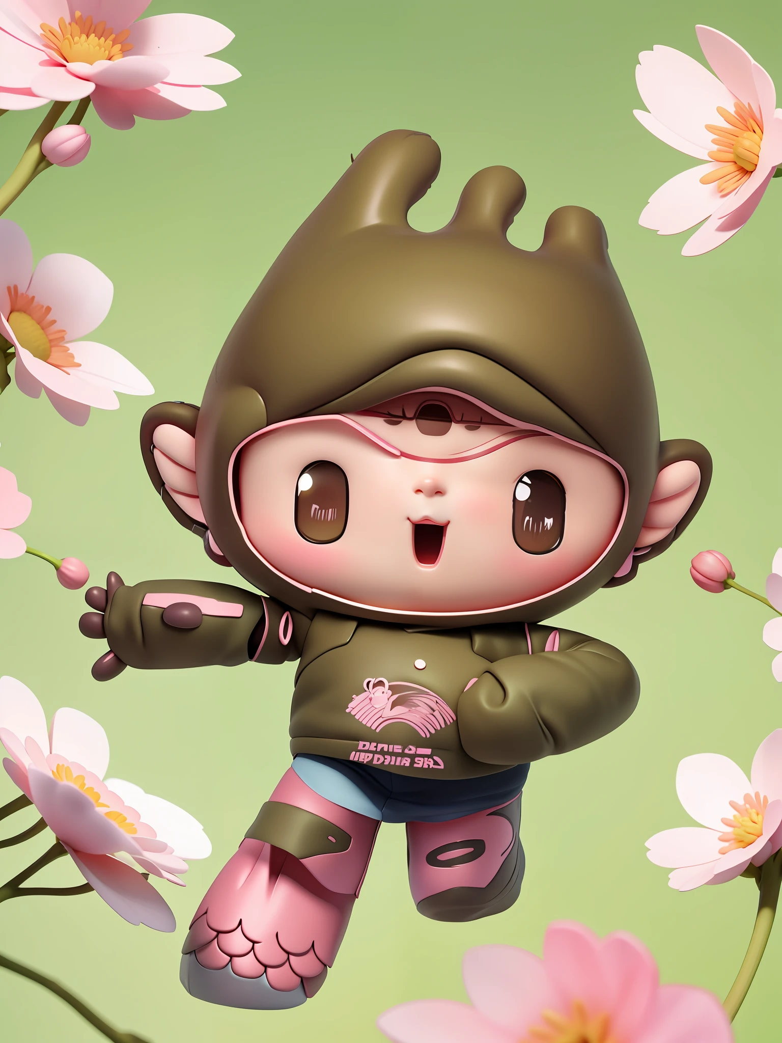 (Daisaku), (Excellent), (Super Detailed), (Full Body: 1.2), Chibi, Cute, Smile, Open Mouth, Play Guitar, Music, Berets, Hold Guitar, Coat, Blush, Tree, :3, Shirt, Short Hair, Cherry Blossoms, Green Headgear, Confusion, Brown Hair, Blush Sticker, Long Sleeves, Bangs, Headphones, Brunette Hair, Pink Flower, (Beautiful and Delicate Face), (Beautiful and Delicate Eyes),