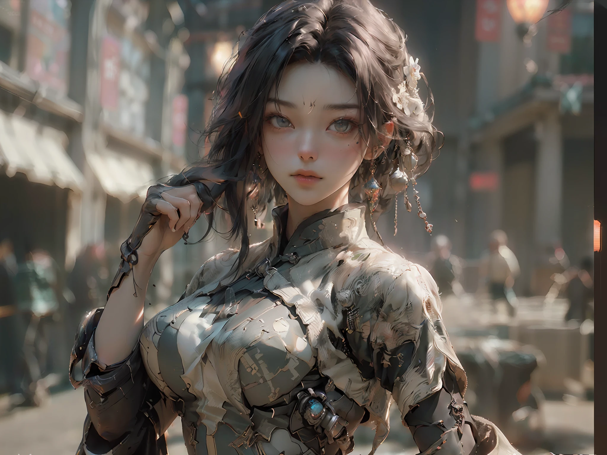 (Best Quality), ((Masterpiece), (Details: 1.4), 3D, A Beautiful Cyberpunk Female Figure, Black Coiled Hair, Chinese Costume, Flowing, Dancing, HDR (High Dynamic Range), Ray Tracing, NVIDIA RTX, Super-Resolution, Unreal 5, Subsurface Scattering, PBR Texture, Post-processing, Anisotropic Filtering, Depth of Field, Maximum Clarity and Sharpness, Multi-layer Textures, Albedo and Highlight Maps, Surface shading, Accurate simulation of light-material interactions, Perfect Proportions, Octane Render, Dichroic Light, Large Aperture, Low ISO, White Balance, Rule of Thirds, 8K RAW,