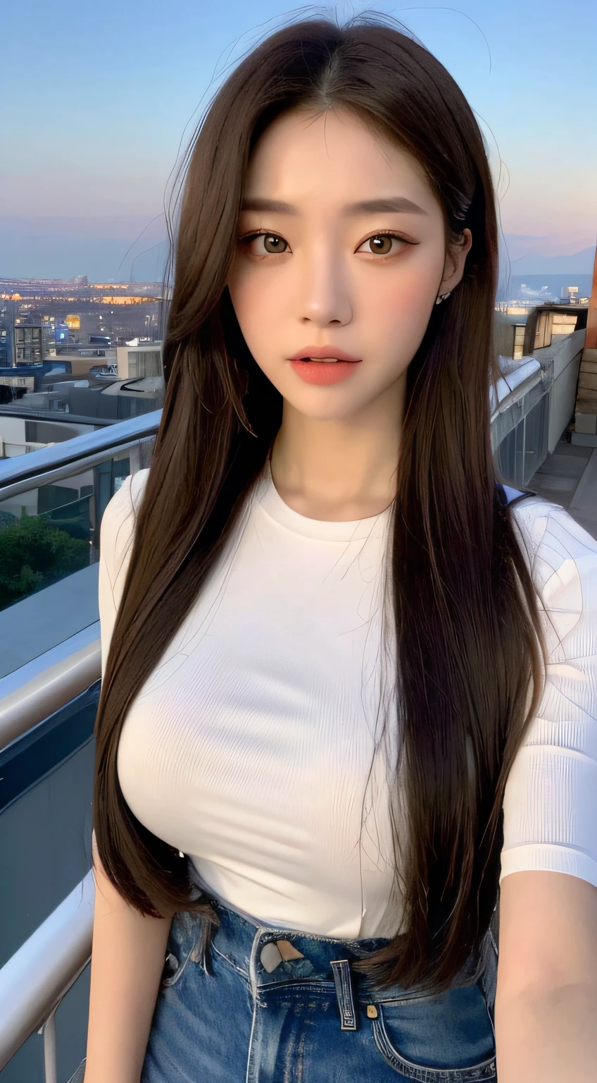 ((Midnight, Best quality, 8k, Masterpiece :1.3)), Whole body, Long legs, Sharp focus :1.2, A pretty woman with perfect figure :1.4, Slender abs :1.1, ((Dark brown hair,Gigantic breasts :1.2)), (White tight tshirt, Jean bib, Standing:1.2), ((Night city view, Rooftop:1.3)), Highly detailed face and skin texture, Detailed eyes, Double eyelid