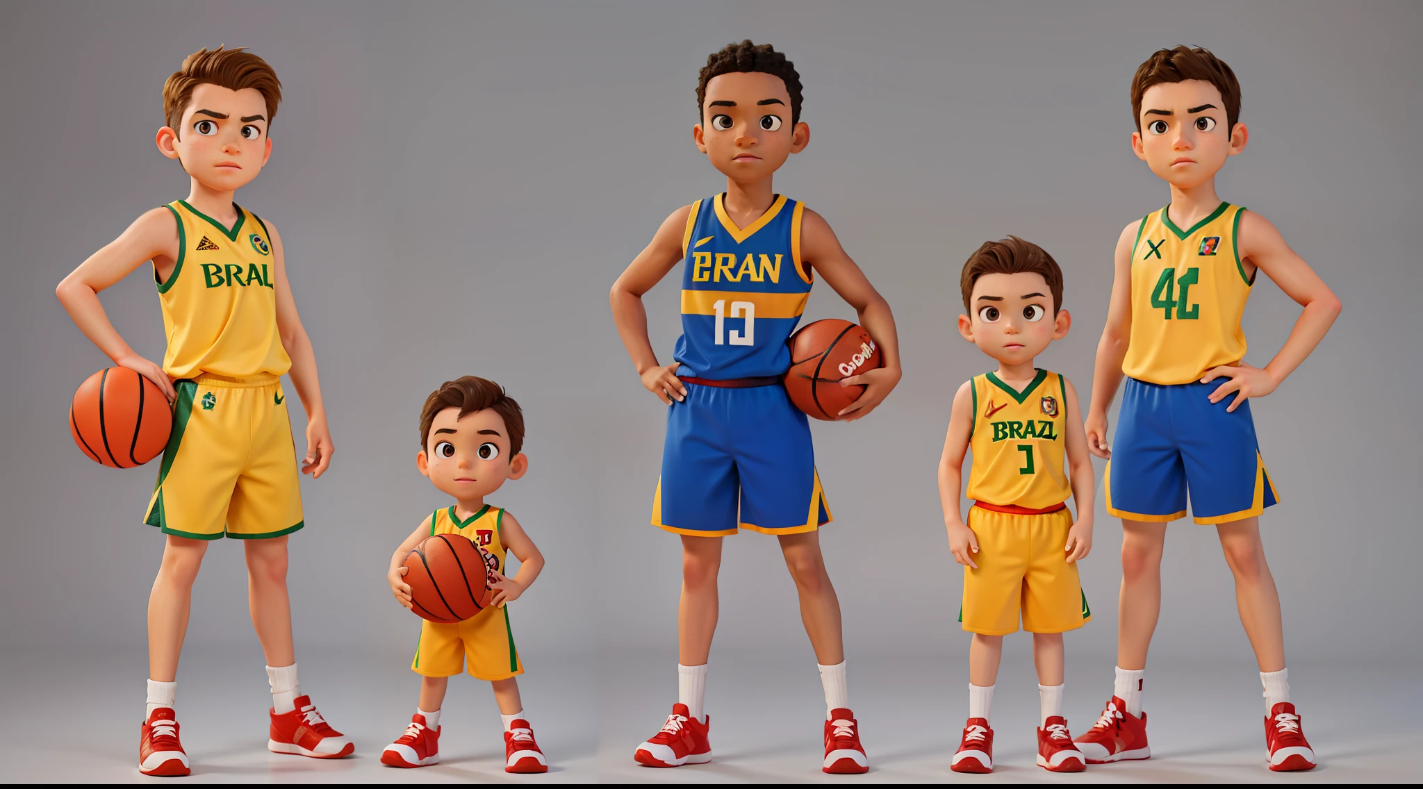 character design,various positions, child 12 years,name Toni, origin brazil,male, wearing a basketball player's outfit