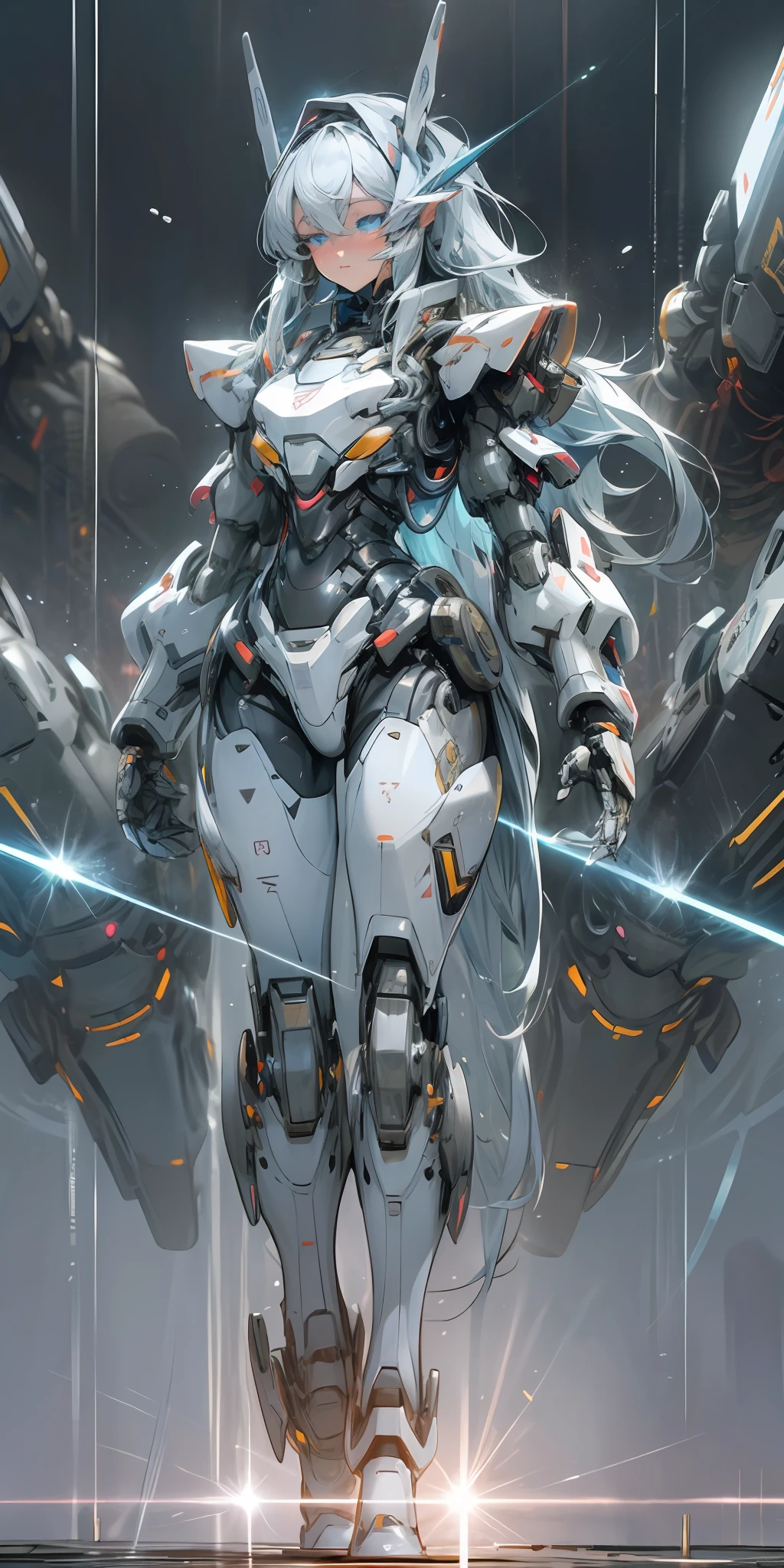 Cool mech core style, mecha concept art, dark gray Decepticon, huge mech robot, intricate glowing mech armor, future transformation giant robot. Behind the girl was a giant mecha machine, the size of the machine was very large, and it seemed to be more than ten meters tall. The surface of the machine has a lot of mechanical devices and armor, which looks very strong. The girl stood in front of the machine, blue eyes, long white hair, thin figure, semi-mechanical body, laser spandex oil shiny shiny shiny glowing lines. Energy light, thunder electric magic, haze rain thunder, raindrops, warm cold light, blue violet light, details, big background.