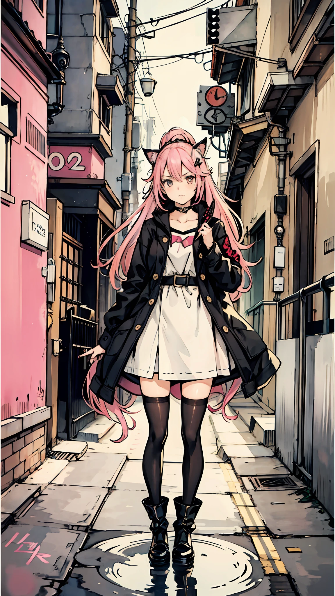 A beautiful girl with pink hair wearing a cat hair clip, black and white over-the-knee stockings, a cat bag, and having mismatched red and gold pupils, standing in front of a colorful graffiti wall; urban environment; playful and whimsical atmosphere; hand-drawn illustration with watercolor and ink, using a mix of fine pens and brushes for line work and washes --auto --s2