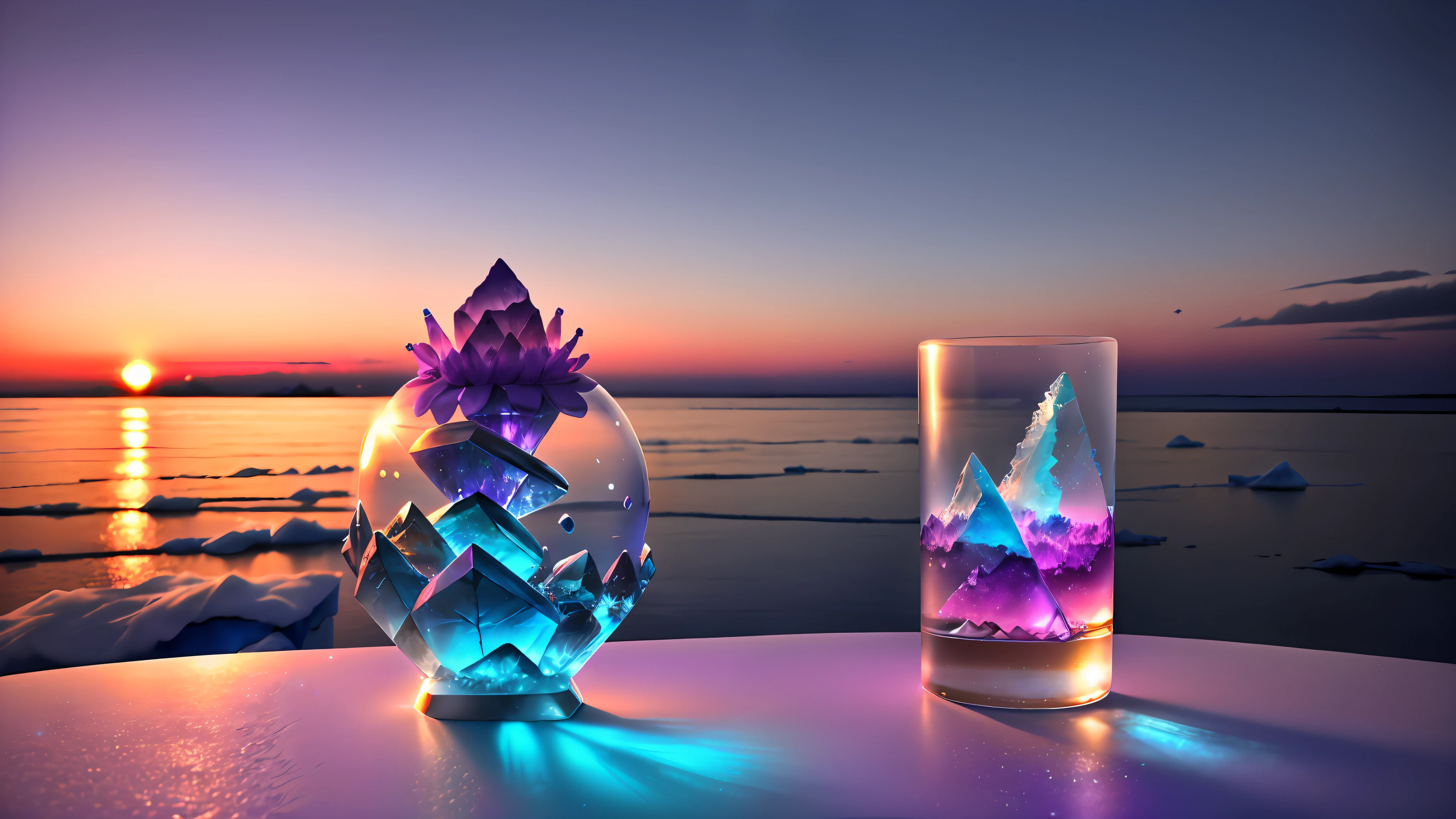 (mystery, magic), quiet, seaside, sunset, (a piece of ice), (an icicle with a background made of ice), (Taylor Swift made of purple ice: 1.3), (brilliant ice), (surreal style frozen landscape), (ice sunflower), (ice lighting), (ice landscape and object capsule), (cold sunset), (calm breath)