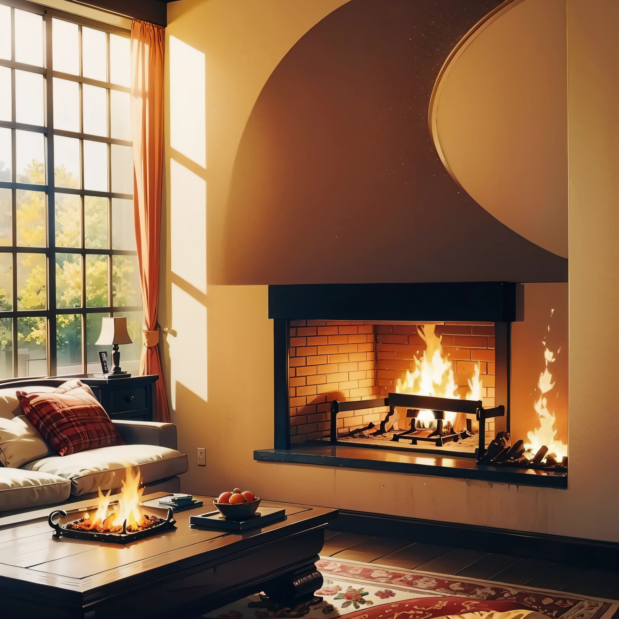 Fireplace inside burning, room scene, warm colors