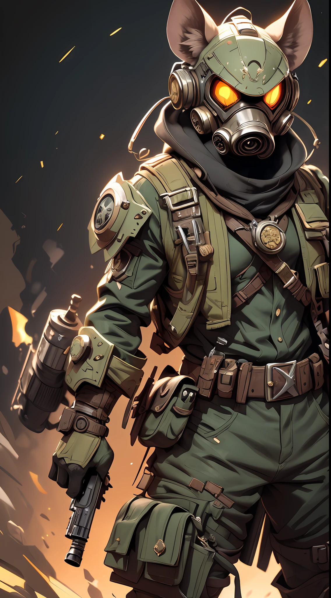 (Masterpiece, High Quality, Super Detail, 4K), (fullbody:1.2), Hyena Anthropomorphism, Solo, Game Character Design, Biochemical Soldier, Gas Mask, Saliva, Teeth, Glow Eyes, Steampunk, Evil, Vicious, Wearing German Helmet, Rifle Handheld, Military Uniform, Gold Badge, Particles, (Strong Chiaroscuro), Simple Tones, Stunning Graphics, Cinematic Shots, Cowboyshot, Monochrome Background