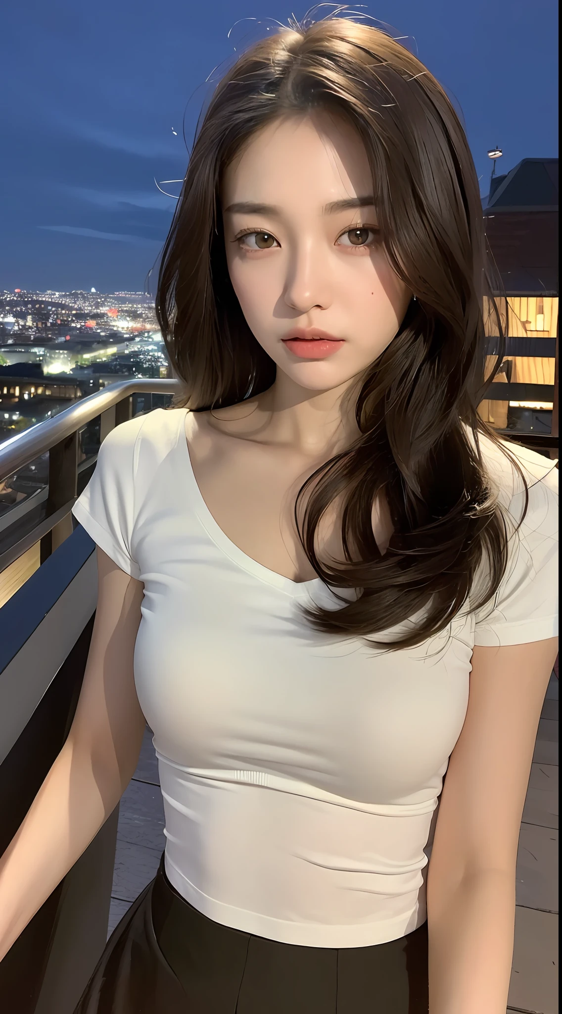 ((Midnight, Best Quality, 8K, Masterpiece :1.3)), Full Body, Long Legs, Sharp Focus :1.2, A Beautiful Woman with Perfect Body :1.4, Slim Abs :1.1, ((Dark Brown Hair, B-Cup Breasts :1.2)), (White Skinny T-Shirt, JK Skirt, Standing: 1.2), (Night View, Roof: 1.3)), Highly detailed face and skin texture, fine eyes, double eyelids