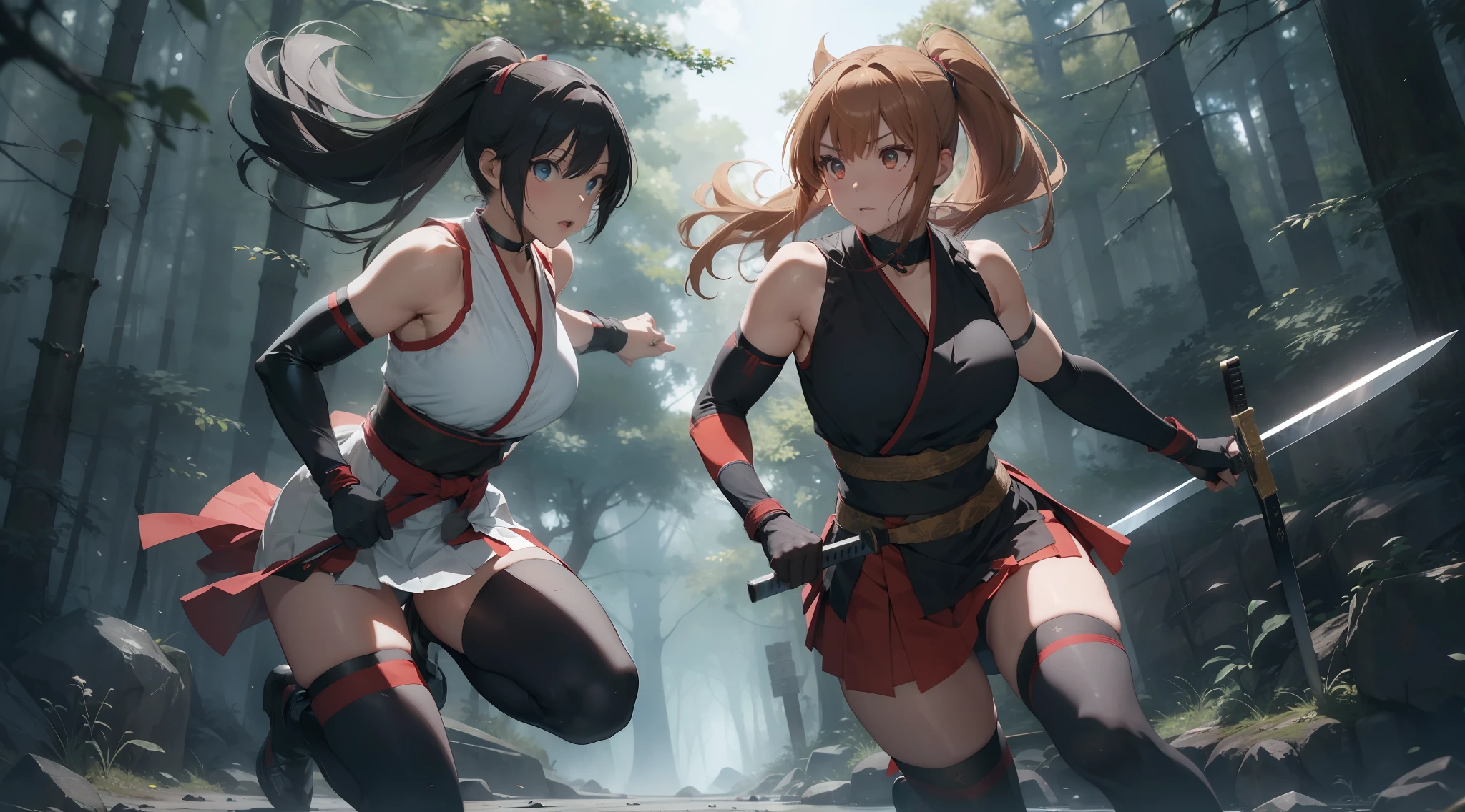 Full body shot of two female character from Dead or Alive game. Kasumi versus Ayame, fighting in a fierce duel death match with weapon short swords, with serious expression. Kasumi looking to Ayane, and Ayane looking to Kasumi. They have long loose hairstyle. They are wearing different color of traditional sleeveless kimono, with a floral print skirt, an obi tied on back hip, a pair of 100% black thigh highs, black shoes, a pair of thin long black elbow gloves, hand guards, and a choker. Background set in a dark forest.