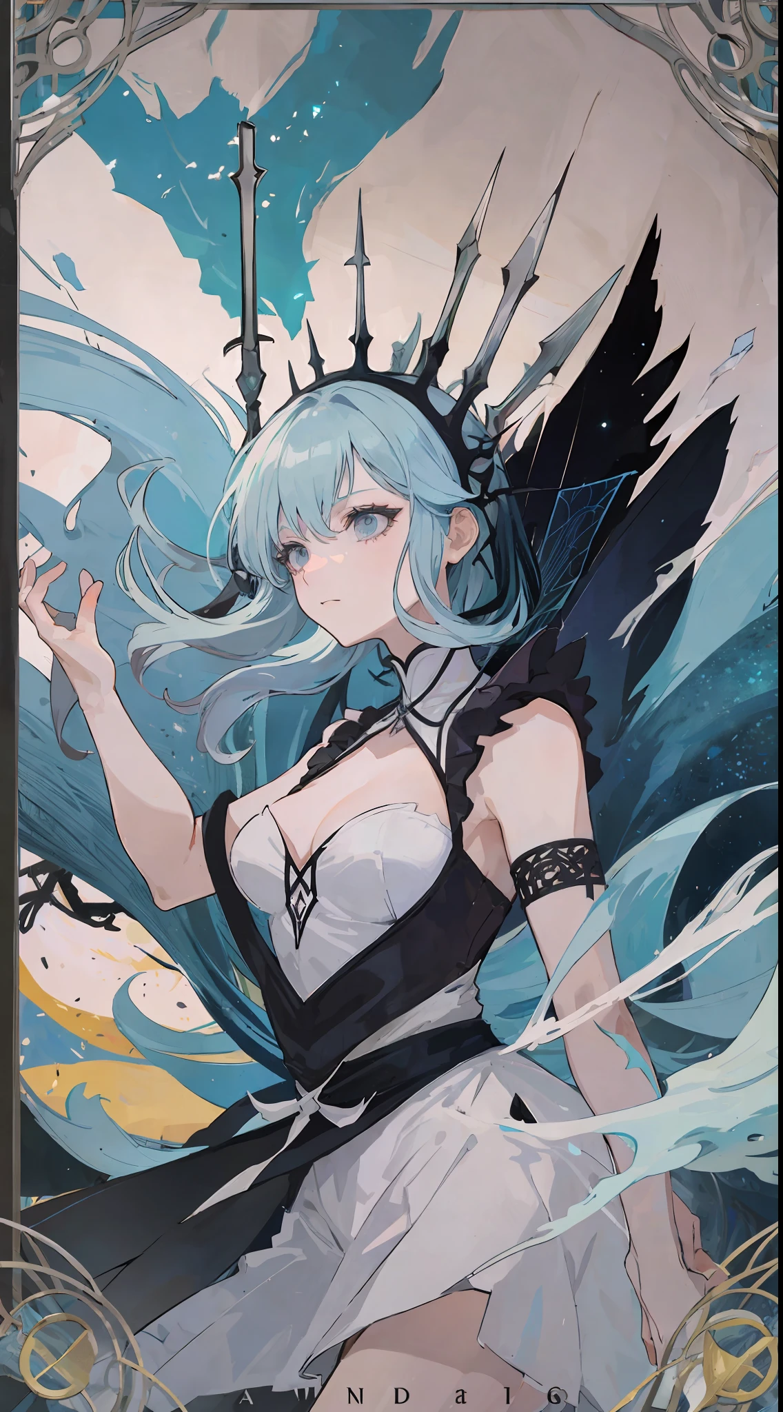 1mature girl, light blue hair, sharp black eyes, wears white dress, make it like tarot anime-style but no frame
