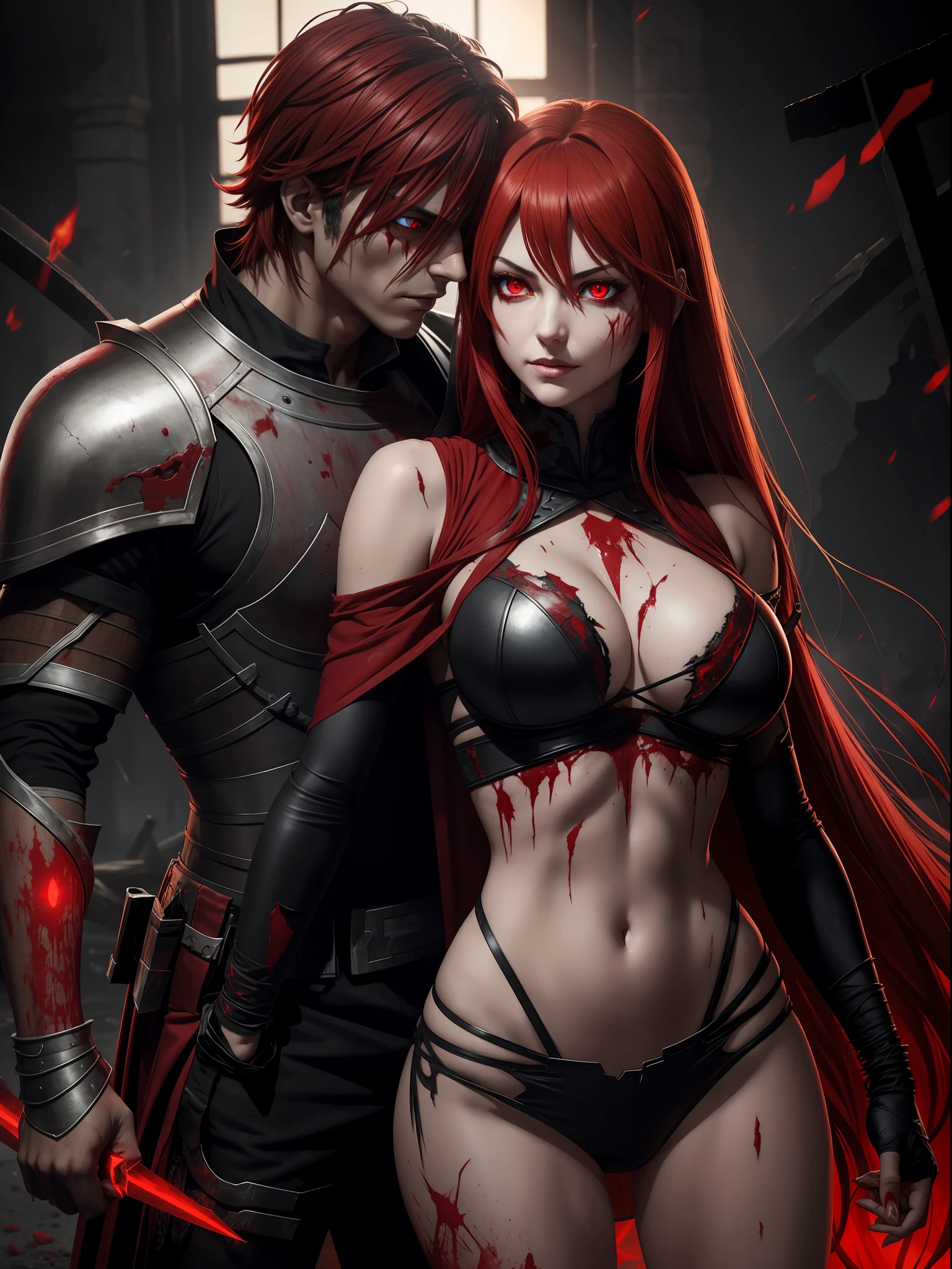 Dismembered woman, after fight, blood everywhere, Tired, Ripped clothes, damaged armor, Evil, glowing red eyes, Smirk, in the battlefield l, Arab features, one hand cut off, scar on eye, Rias Gremory lookalike, kissing an evil man with red glowing eyes and ripped clothes