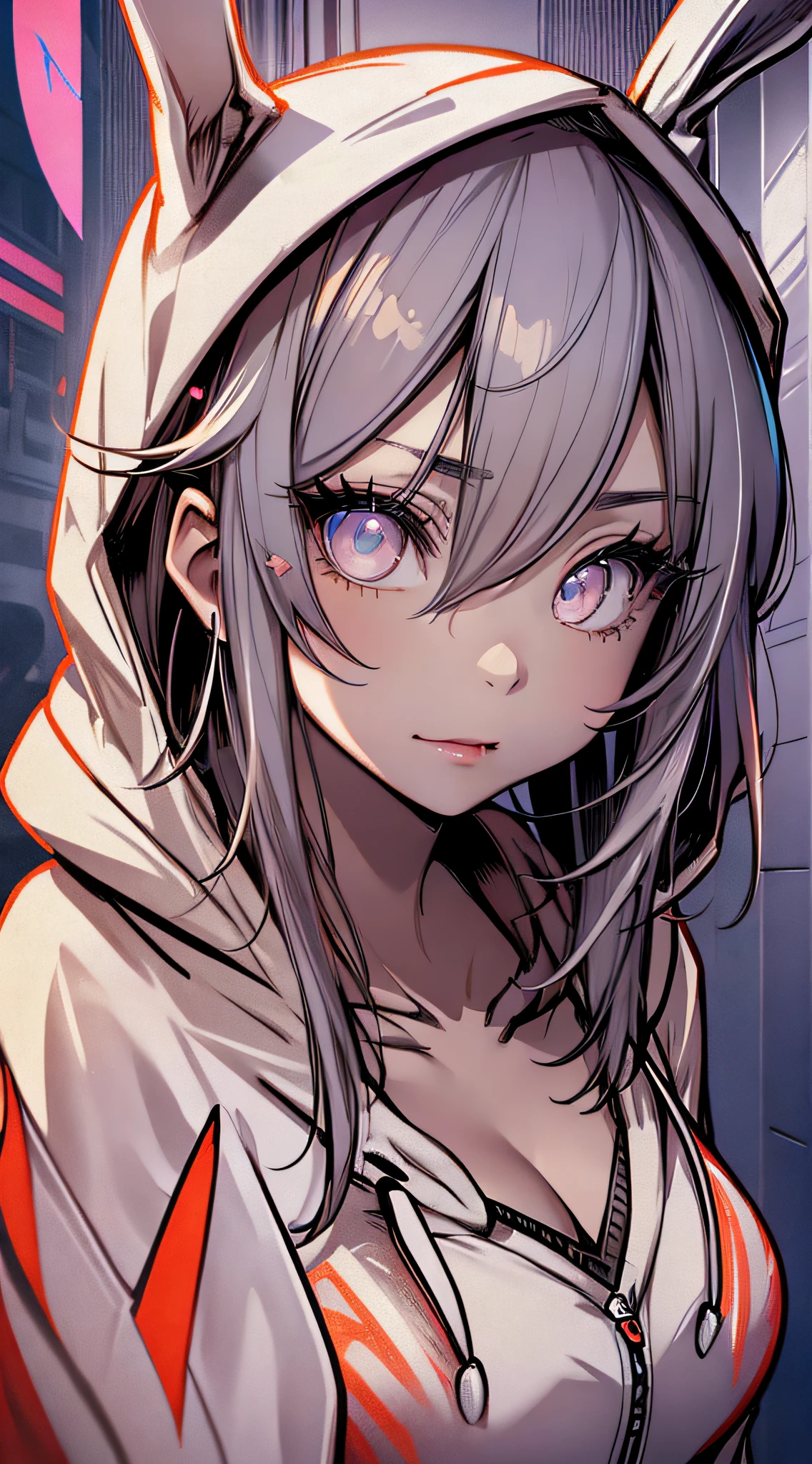 1girl, beautiful Korean girl, (Cute Loose Bob hair, flowing hair), (wearing a cropped bunny hoodie:1.5), (red lips, small breasts, toned stomach, eyelashes, aegyo sal), immersive background, global illumination, natural lighting, (beautiful detailed eyes, symmetrical eyes), (8k, RAW photo, masterpiece, High detail RAW color photo, highest quality, highly detailed CG unified 8K wallpapers), (best shadow, best illustration), physics-based rendering, high contrast, rich colors,