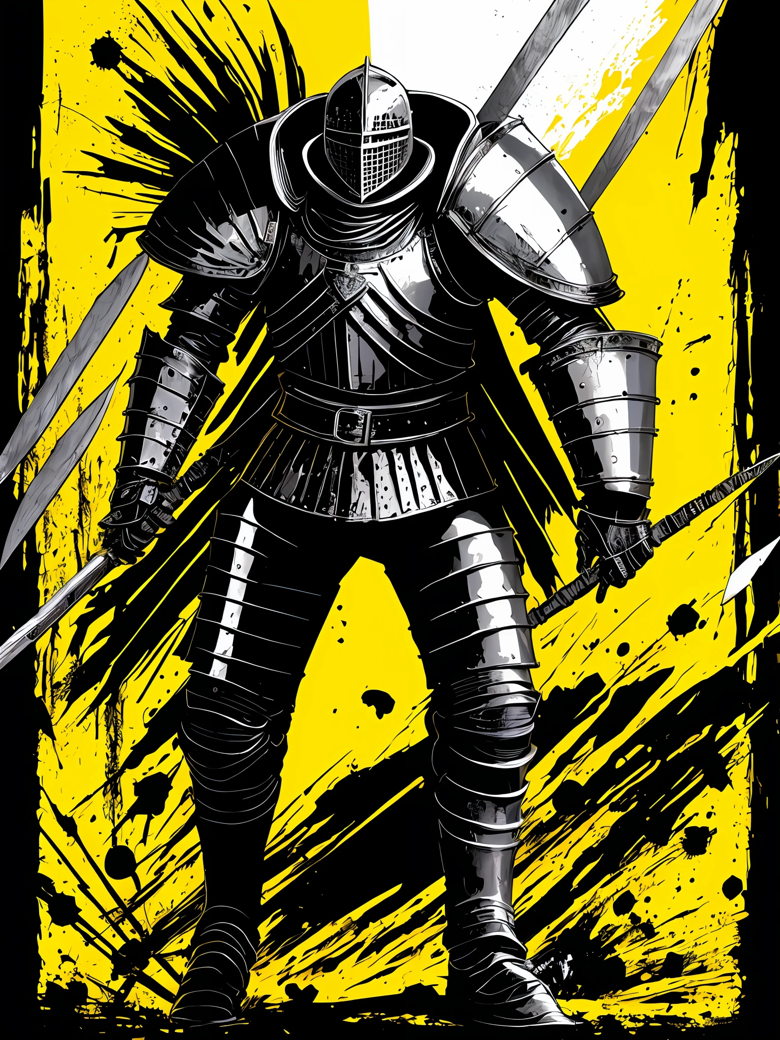 (a full body medieval knight, solo, black and white), in the style of Mork Borg, strong contrast, grunge dirty punk splash art, zine black metal, yellow and black medieval background