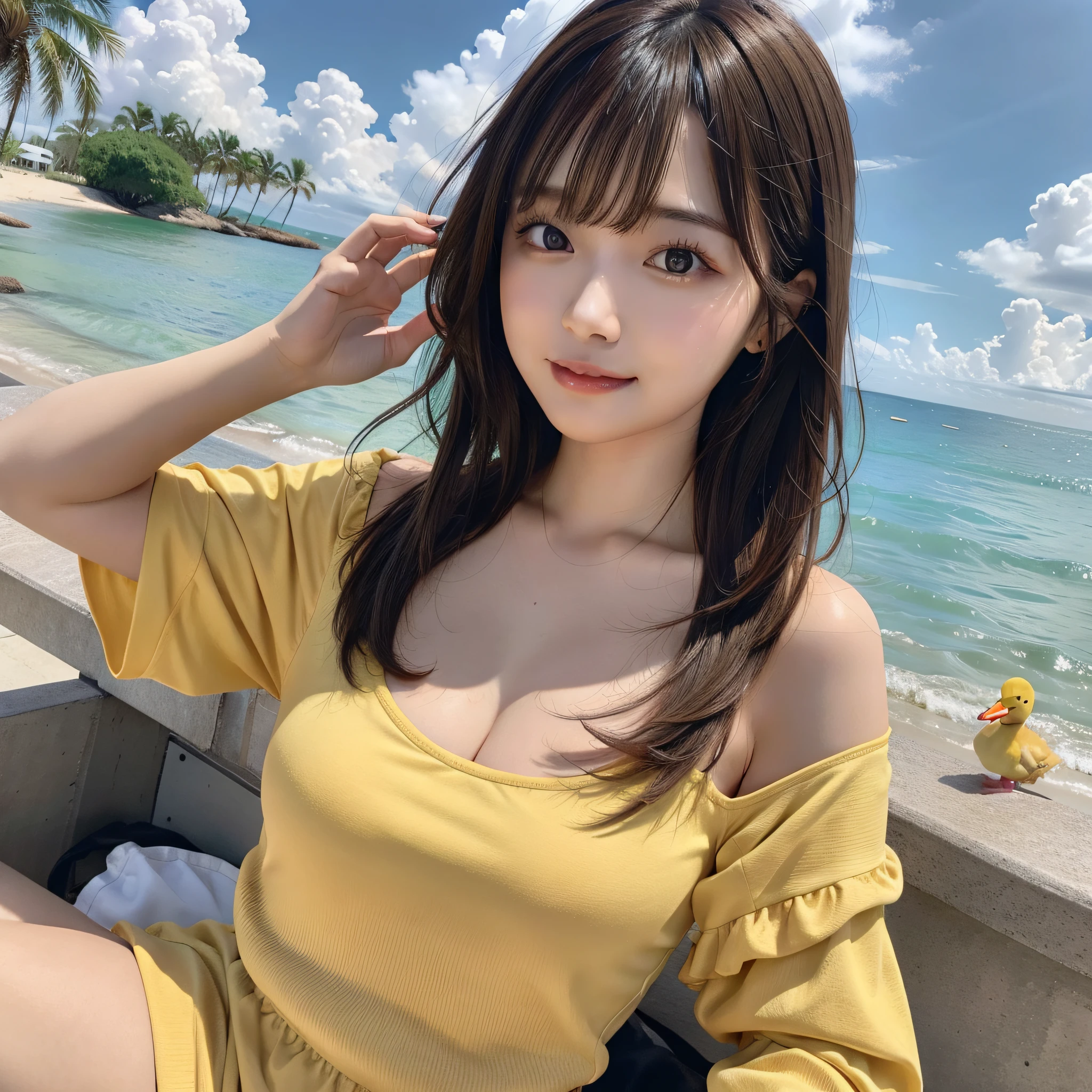 best quality, ultra high resolution, (photorealistic: 1.4), (detailed beautiful girl: 1.4), (medium breasts: 0.8), olhando_no_visualizador, detailed facial details, beautiful and detailed eyes, (brown hair), brown eyes, smile (makeup: 0.4), red lips, (full body, sitting, beach, high waves, ), very detailed clothes, (ulzzang-6500-v1. 1:0.3) \, yellow ducks, strong wind,