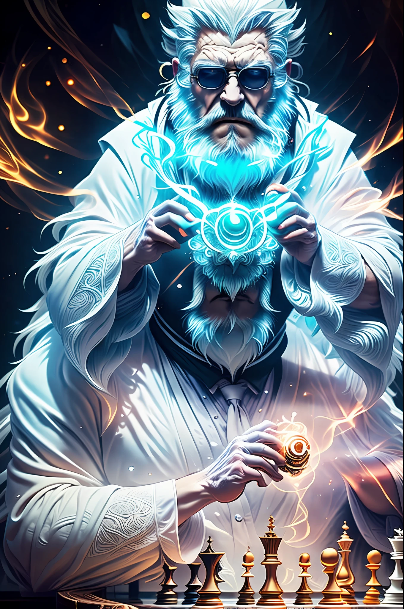 (extremely detailed 8k wallpaper)+, a medium shot photo of an old bearded man with glowing white robes, white eyes and white hair sitting playing chess with a smirk