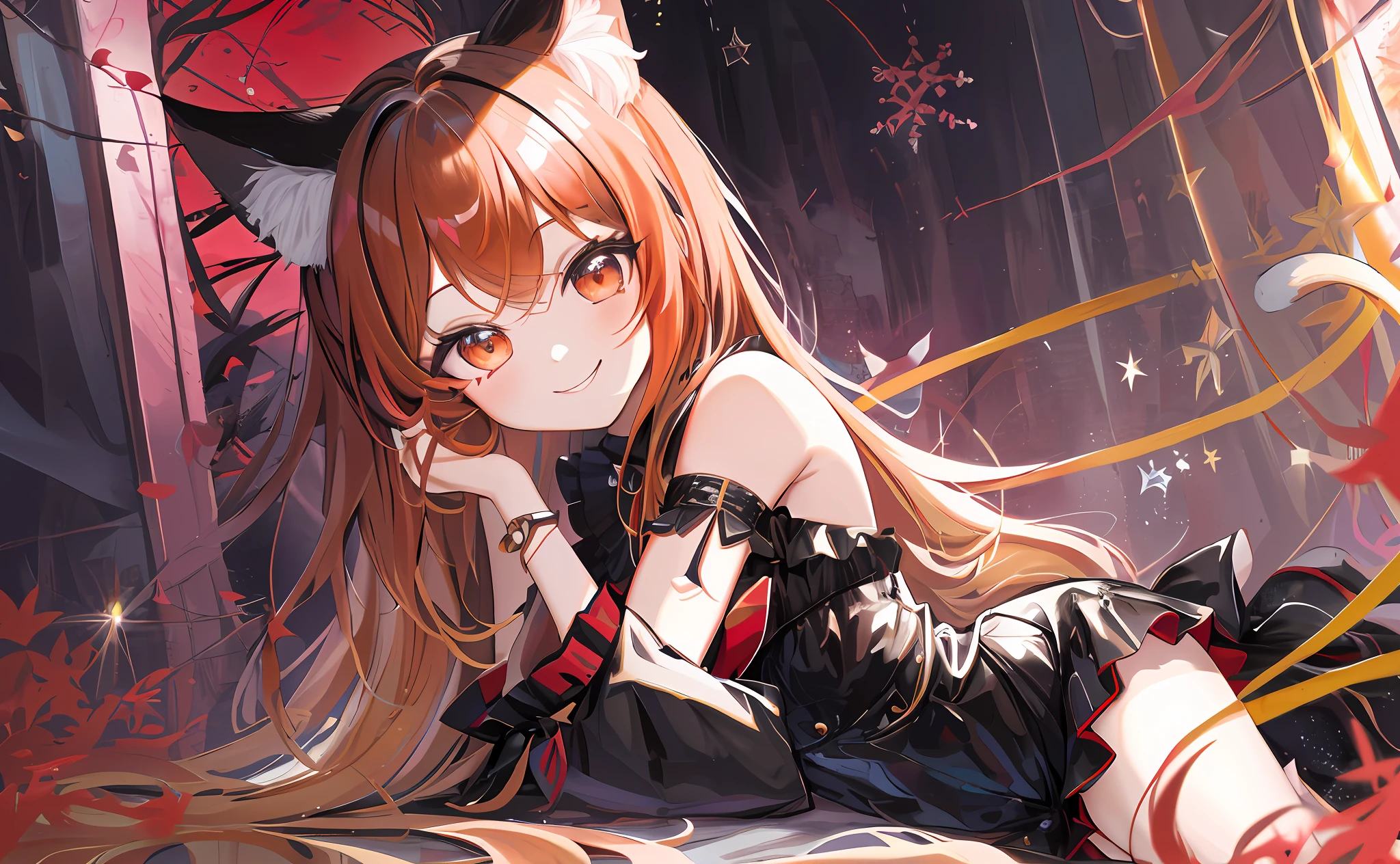 (Chibi Chibi: 1.3), Solo, Full Body, Glossy Red Goth Loli, Lying, Highly Detailed Face, Black Knee High, (Absolute Area: 1.2), (Smile: 1.4), Lively, (Gravure Pose: 1.5), Beautiful Detailed Eyes, Look Up, (Eye Fit), Light Brown Long Hair, Cat Ears, Neon, Masterpiece, Top Quality, Highly Detailed 8k Wallpaper