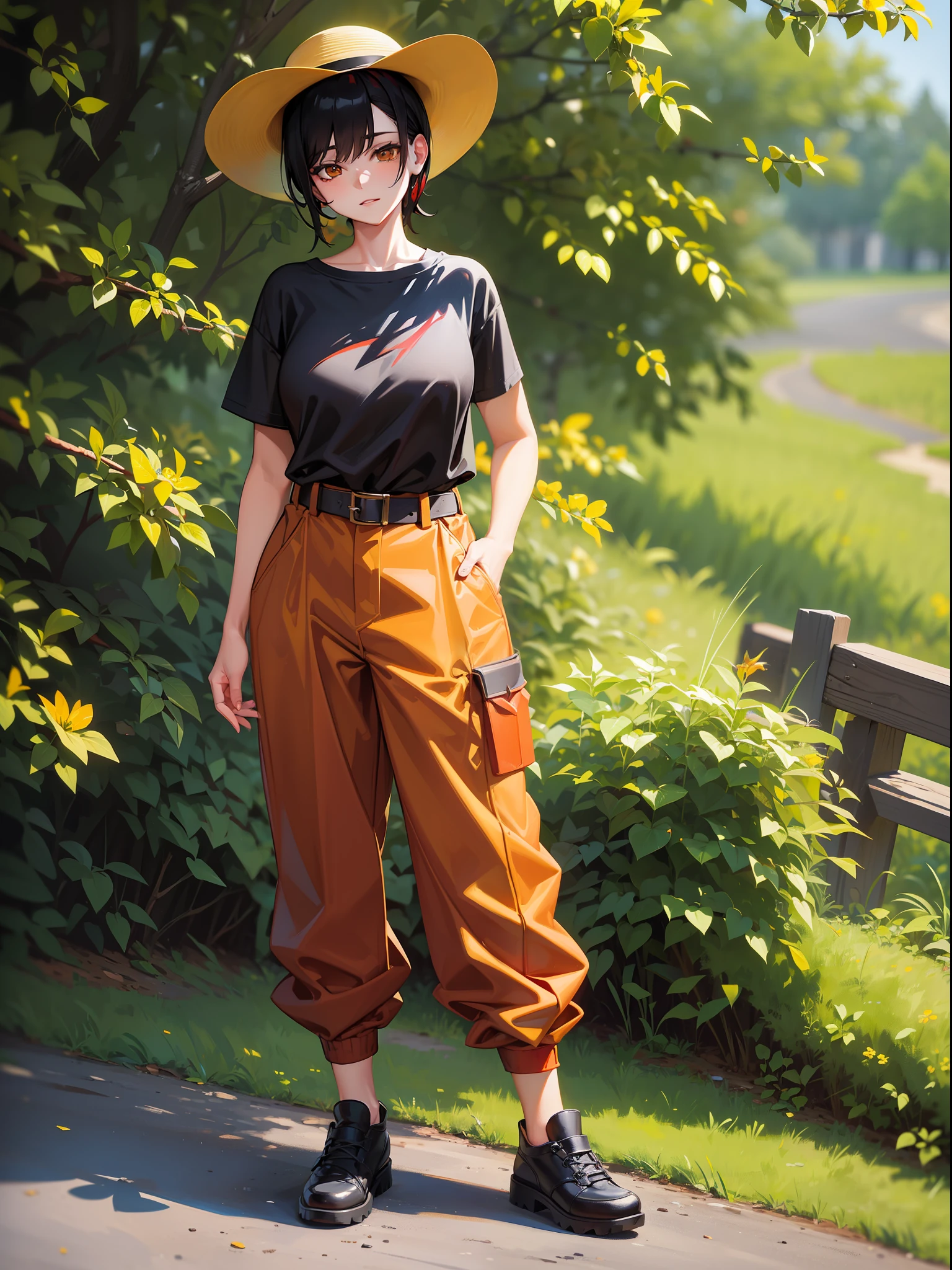 Yellow hat with red brimming, short black hair, yellow short sleeve clothes with red neck, red waist belt, black long pants, yellow shoes, girl, outdoor