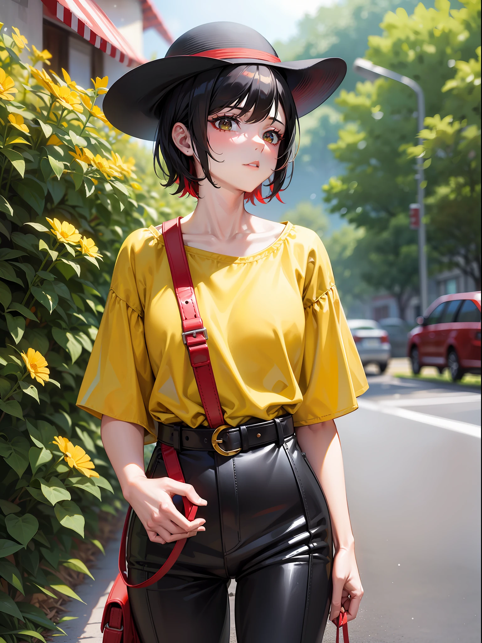 Yellow hat with red brimming, short black hair, yellow short sleeve clothes with red neck, red waist belt, black long pants, yellow shoes, girl, outdoor