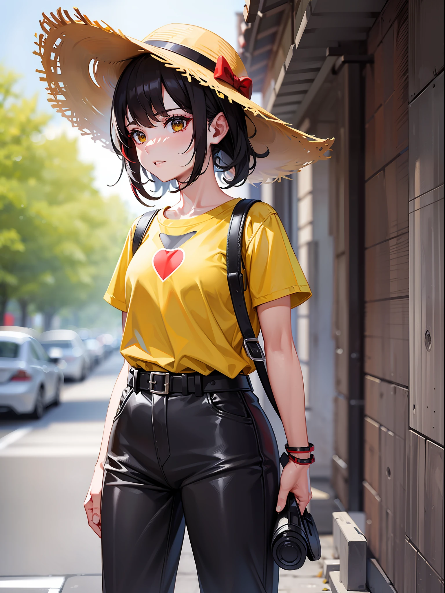 Yellow hat with red brimming, short black hair, yellow short sleeve clothes with red neck, red waist belt, black long pants, yellow shoes, girl, outdoor