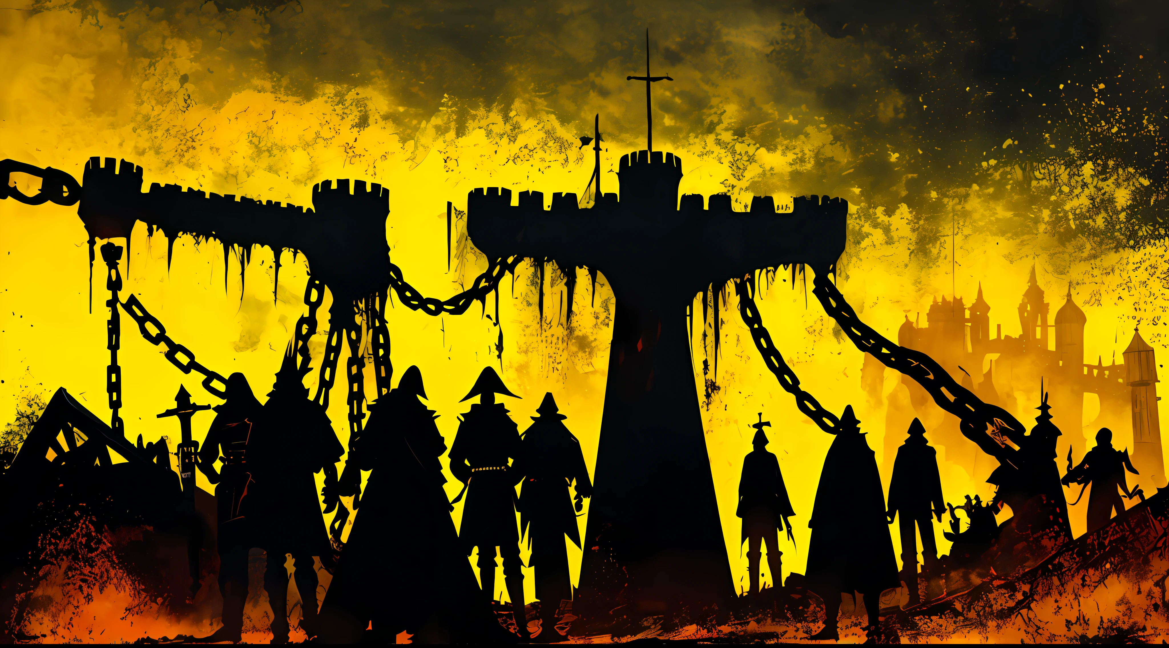 chained silhouettes of men at a medieval fortress, in the style of Mork Borg, strong contrast, grunge dirty punk splash art, zine black metal, yellow and black medieval background