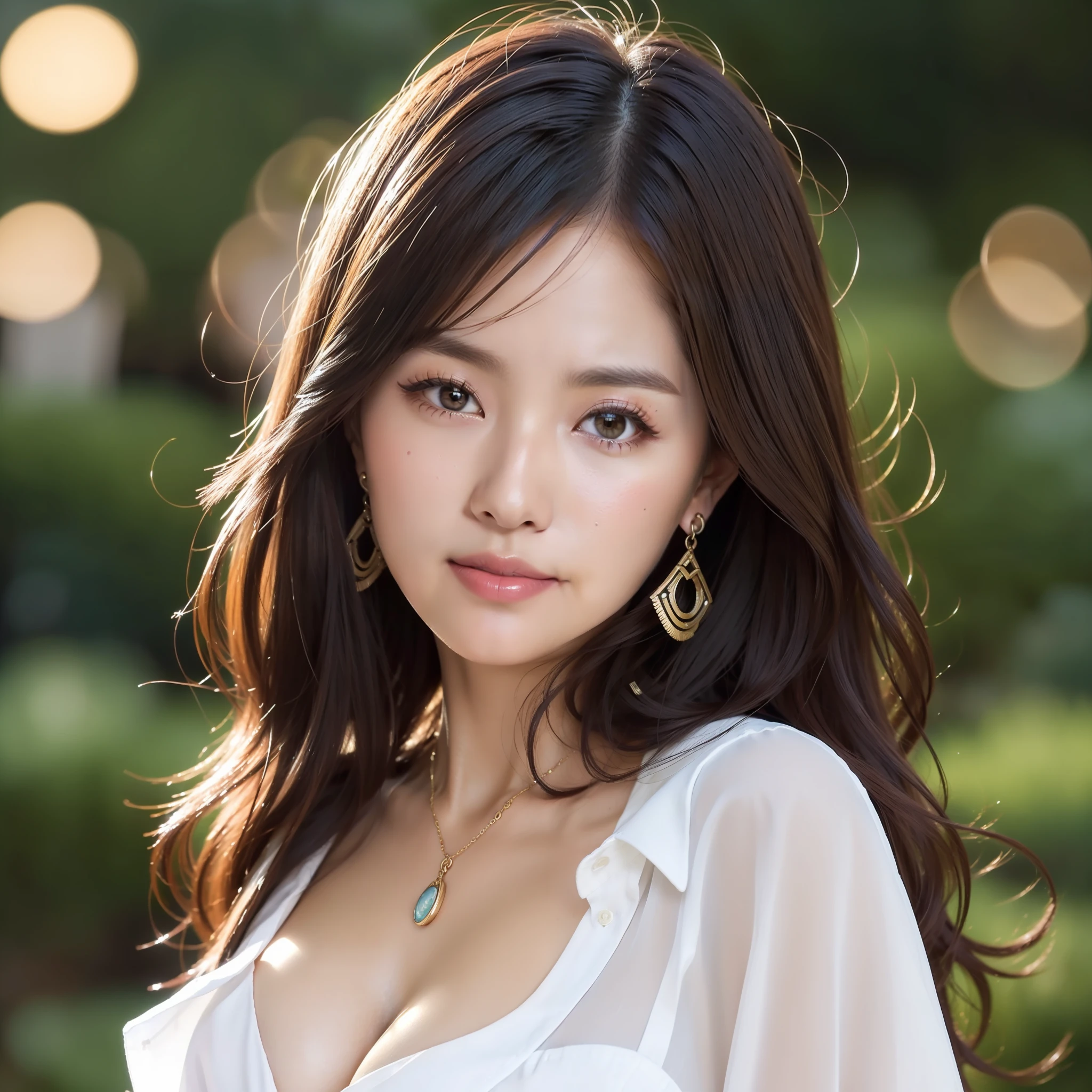 (button up to shirt length: 1.2), (White shirt wet by rain), (unbuttoned shirt: 1.1), big breasts, deep cleavage, best quality, masterpiece, illustration, very delicate and beautiful, very detailed, CG, Unity, 8K wallpapers, amazing, fine detail, highly detailed CG Unity 8K wallpapers, huge file size, very detailed, high resolution, handsome detailed woman, very detailed eyes and face,  Stunning detailed eyes, light on the face, (Best illustration: 1.1), (best shadow: 1.1), ultra high resolution, (photorealistic: 1.1), (photorealistic 1.2:1.1), realistic face proportions, slim, smile, (makeup: 0.4), (fluffy black eyes: 1.21), black eyes, looking at the viewer, dark brown hair, earrings, necklaces, hairpins, cowboy shots, (irregular irregular skin imperfections, veins, skin wrinkles pores: 1.2), (dark night background: 1.2), (bokeh: 1.4),