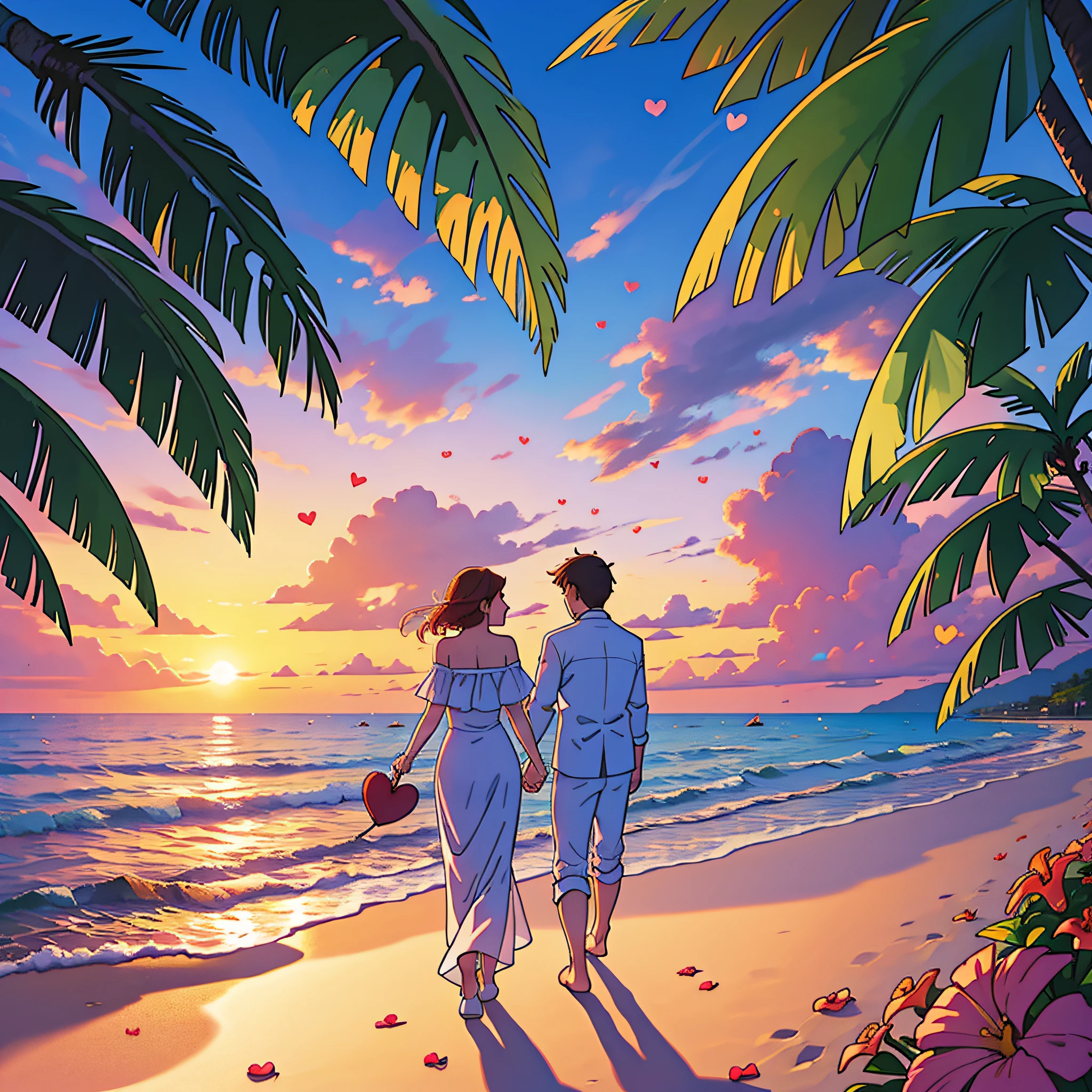 (Day of Love) The celebration of love on a sunny day by the sea with soft light, couples walking hand in hand on the beach, hearts floating in the air, colorful flowers at the water's edge, and a beautiful sunset in a tropical paradise setting.