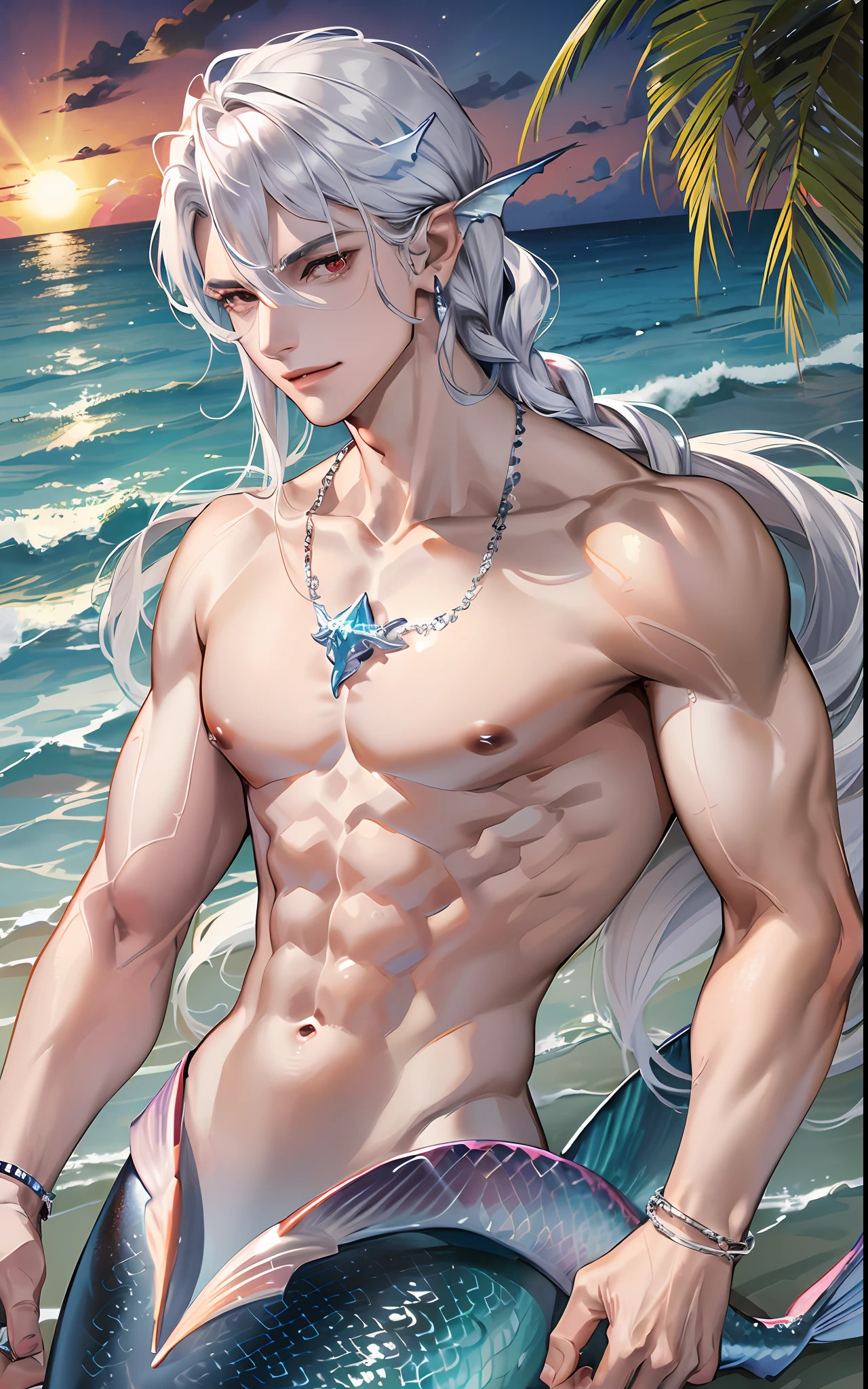man, masculine, masculine face, attractive, muscular, (((1man))), masterpiece, absurdres, best quality ,intricate details , (shiny skin, shiny body, shiny oily luster skin, shiny hair, pale skintone), Sundown, attractive, ((muscular)), adult, one, earrings, Don't look at the view , Not looking at the view, silver hair, braided hair, perfect detailed face, perfect detailed hands, triton, fins, red eyes, triton ears, ((MLS)), smirk, medium large shoot, marine ornaments, beach in the background, ((mermaid tail)), no legs
