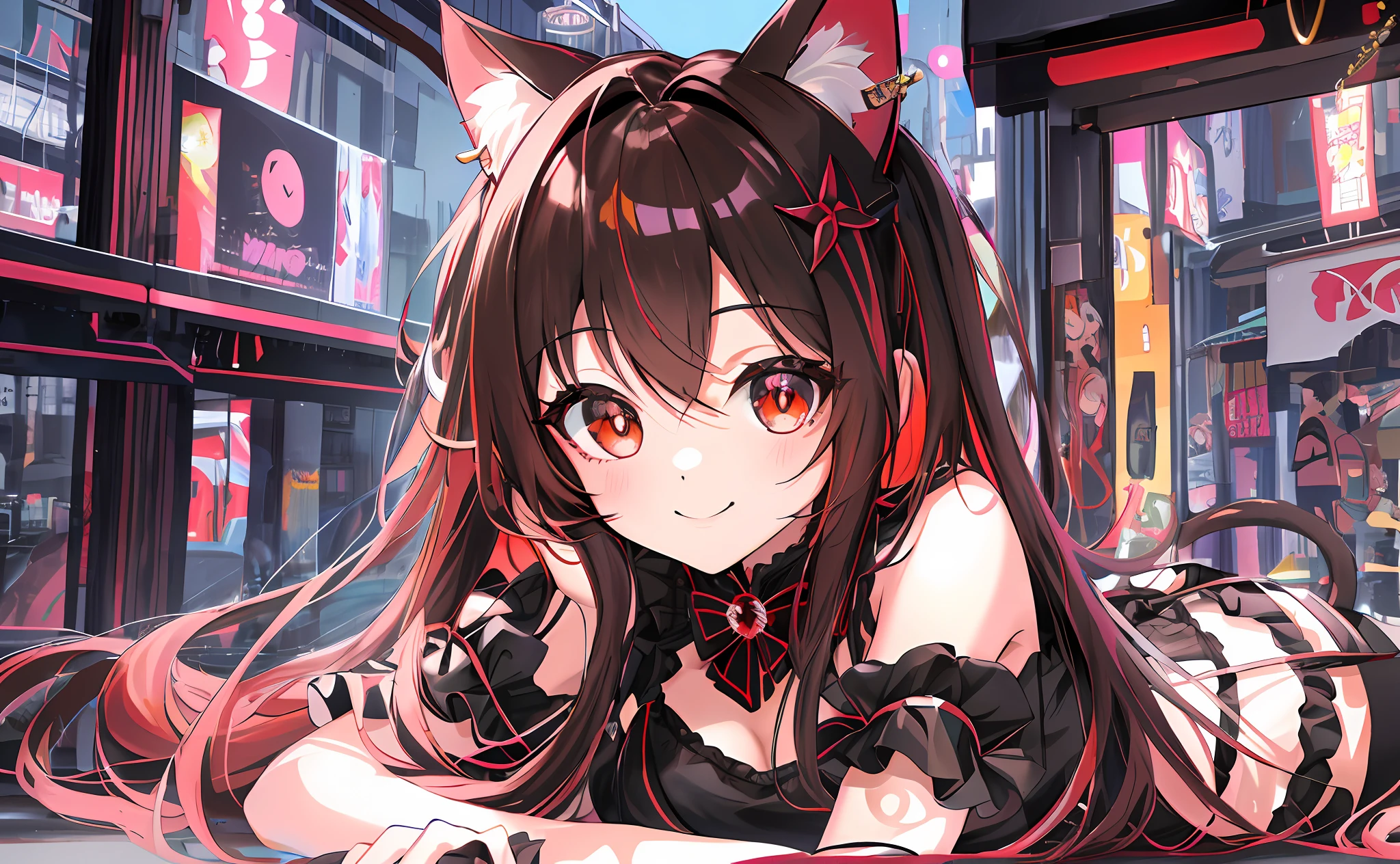 (Chibi Chibi: 1.3), Solo, Full Body, Glossy Red Goth Loli, Lying, Highly Detailed Face, Black Knee High, (Absolute Area: 1.2), (Smile: 1.4), Lively, (Gravure Pose: 1.5), Beautiful Detailed Eyes, Look Up, (Eye Fit), Light Brown Long Hair, Cat Ears, Neon, Masterpiece, Top Quality, Highly Detailed 8k Wallpaper