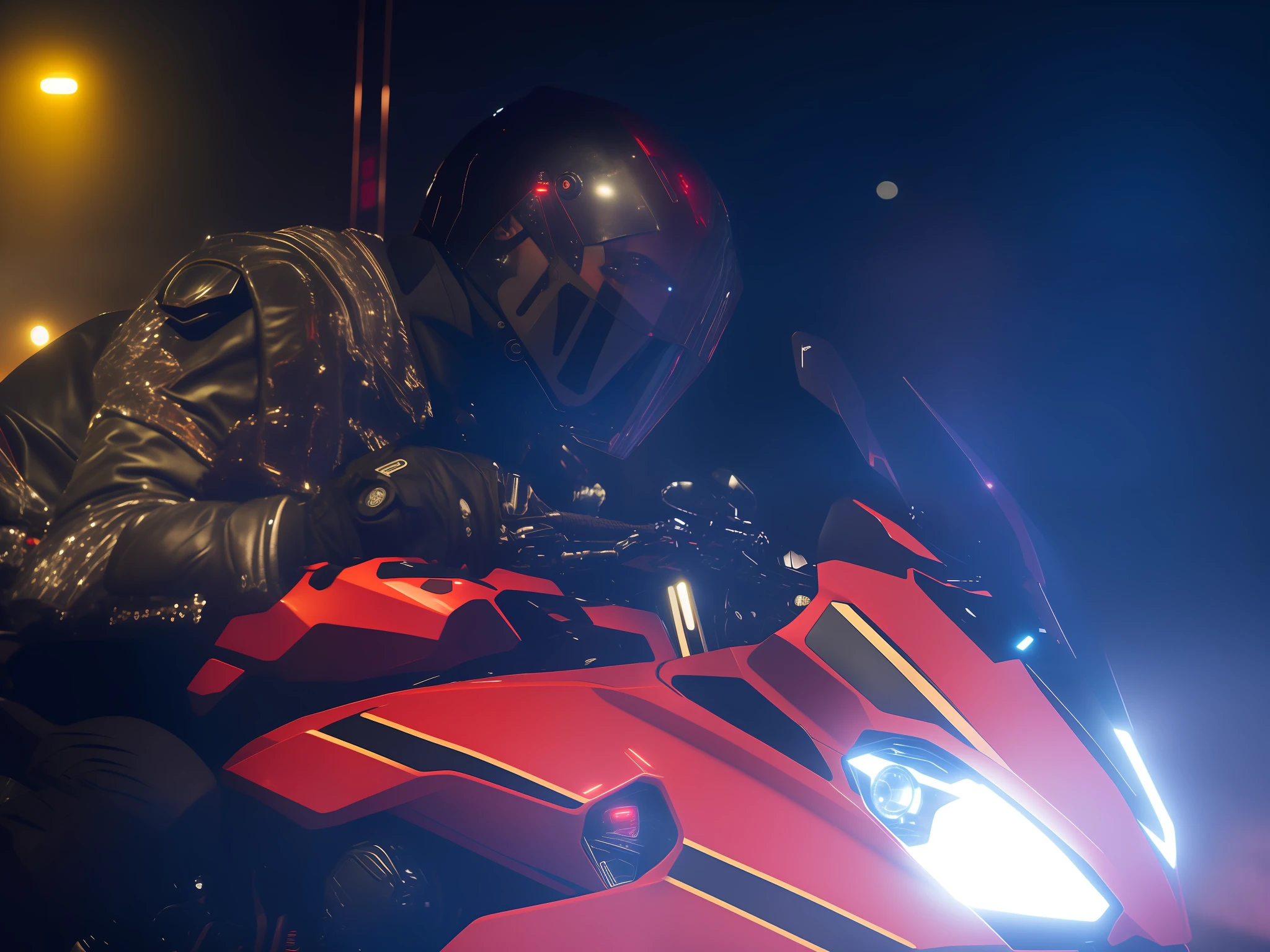 araffe riding a red motorcycle on a city street at night, sitting on cyberpunk motorbike, riding a futuristic motorcycle, riding a motorcycle, glowing eyes in helmet, black and red reflected armor, sitting on a motorcycle, riding, by Romain brook, motorcycle, front flash, taken in the night, motorbiker, riding on the road, helmet with led lights