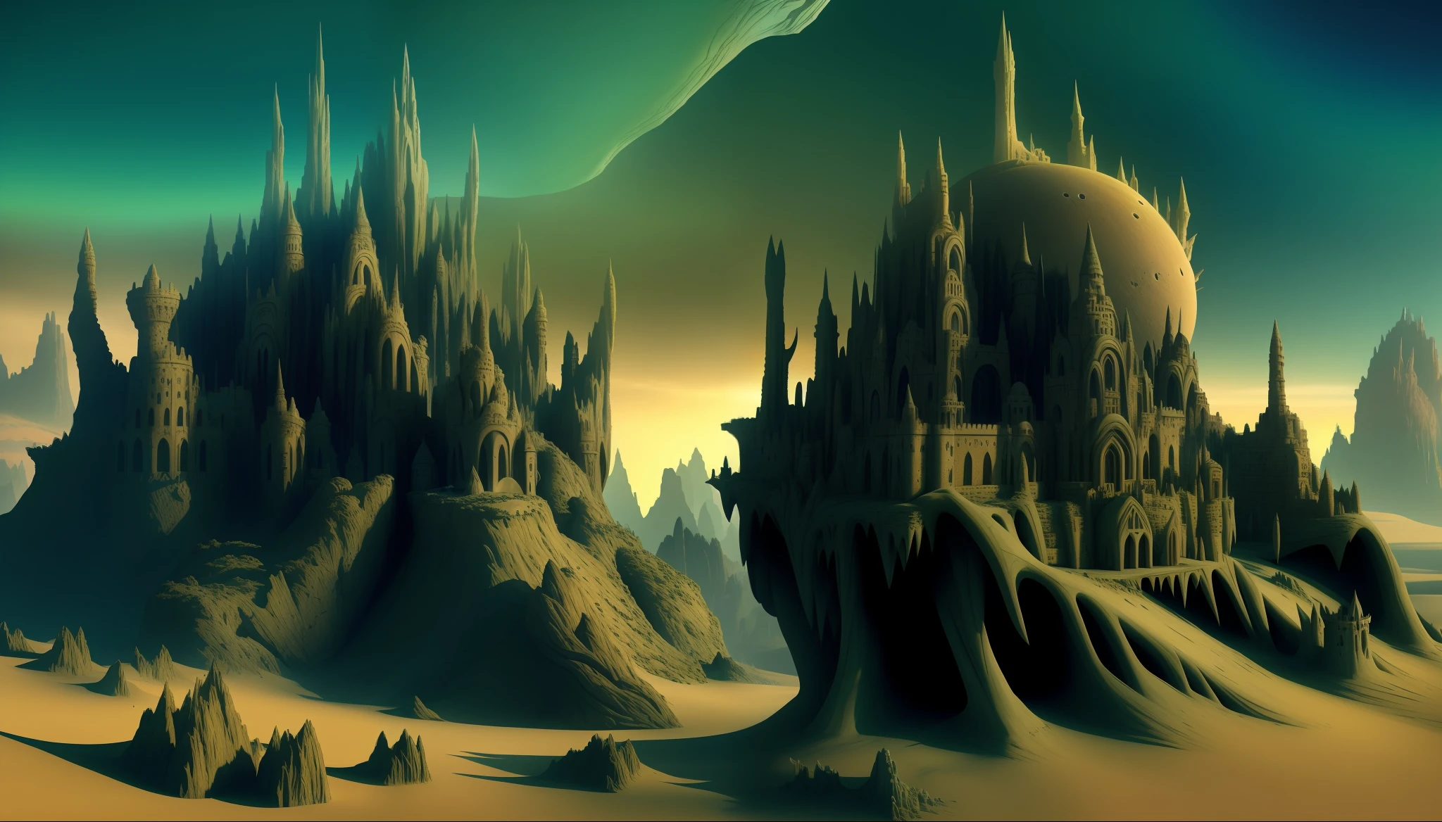 arafed castle in the desert with a dragon flying over it, surreal alien kingdom, alien landscape, an alien landscape, an alien city, amazing alien landscape, beautiful alien landscape, stunning alien landscape, deep mandelbulb landscape, dystopian alien landscape, an alien cityscape, alien city, an alien landscape view, sci fi alien world, fractal landscape, alien mountains