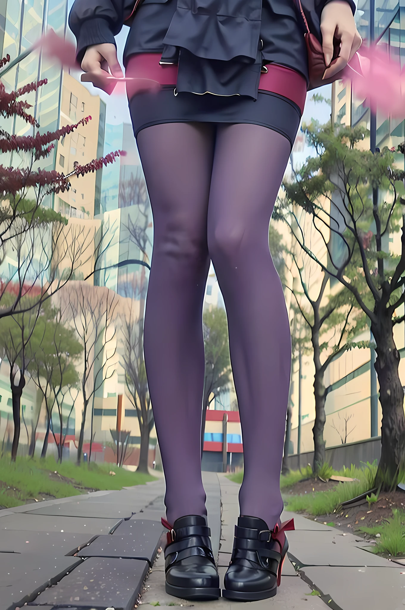 masterpiece, best quality,4girl,young girl, plum_pie eyes, brown, choppy bob,envious _face,shiny skin,medium breasts,nice leg line:1.3,thick thighs, thin waist,school uniform, thighhighs,necktie,((pencil skirt)),red color high heels, pantyhose, , Pathway_lined_with_blooming_cherry_blossom_trees,,looking at viewer,from below,full body, legsupsexms,