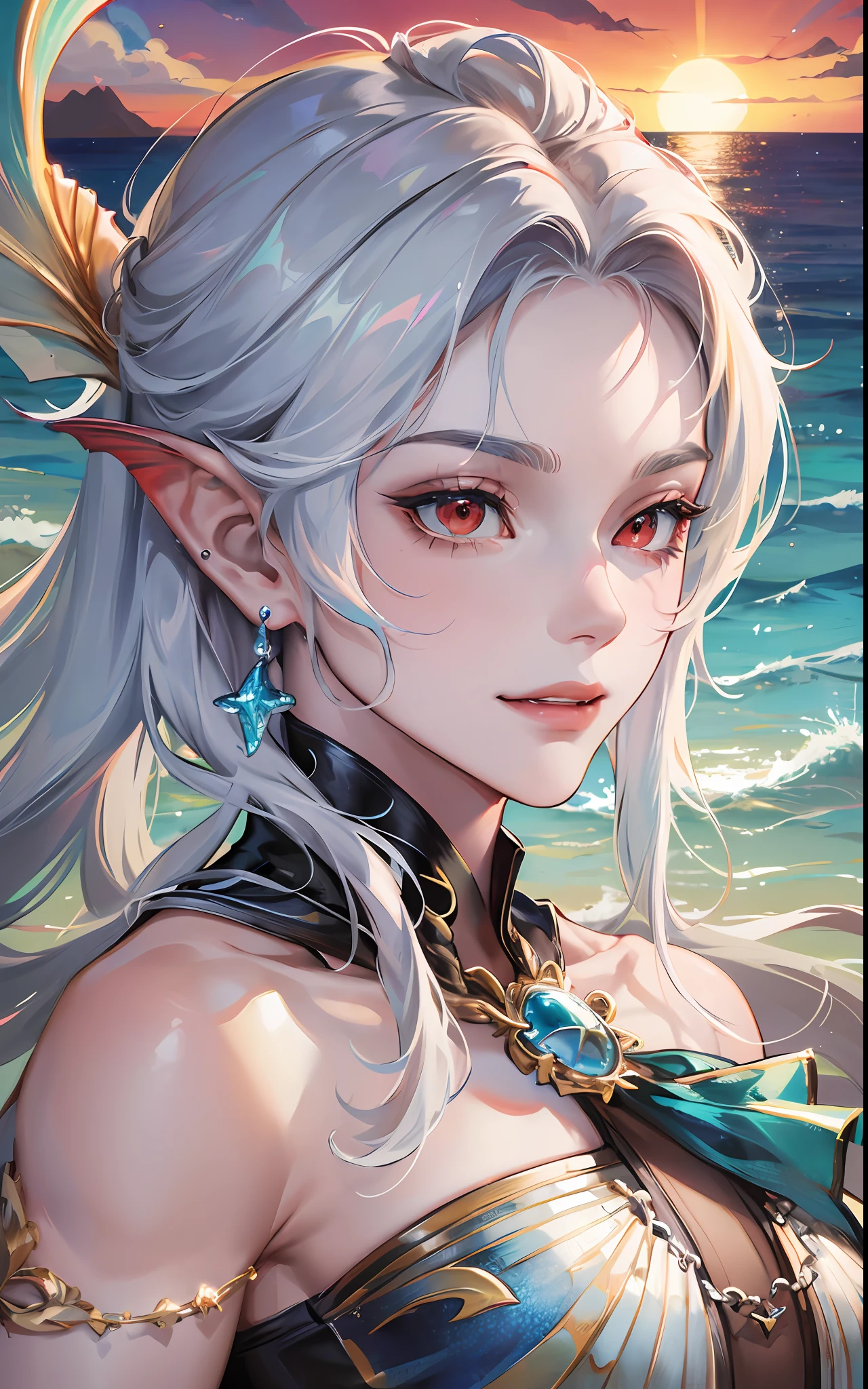man, masculine, masculine face, attractive, muscular, (((1man))), masterpiece, absurdres, best quality ,intricate details , (shiny skin, shiny body, shiny oily luster skin, shiny hair, pale skintone), Sundown, attractive, ((muscular)), adult, one, earrings, Don't look at the view , Not looking at the view, silver hair, braided hair, perfect detailed face, perfect detailed hands, triton, fins, red eyes, triton ears, ((MLS)), smirk, medium large shoot, marine ornaments, beach in the background, ((mermaid tail)), no legs