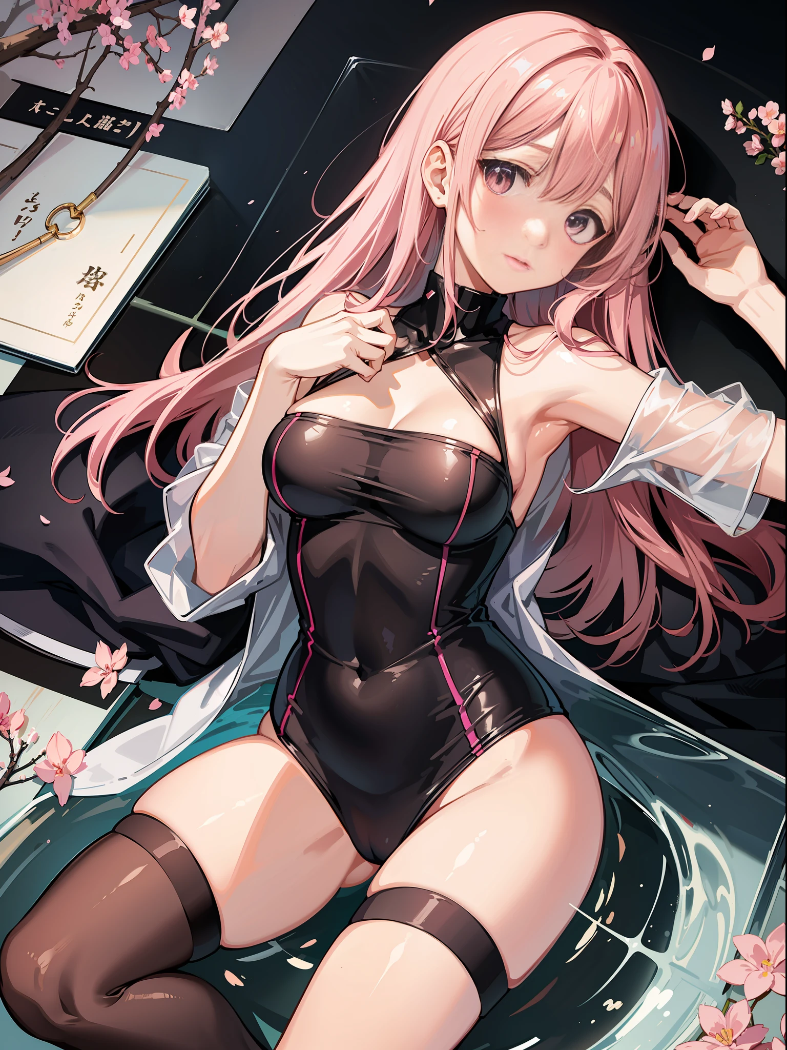 {Japan slender beauties}, high resolution, top quality, super detail, pink swimsuit, knee highs, wedges, fine details, no blush, bite, angle from above, clean skin