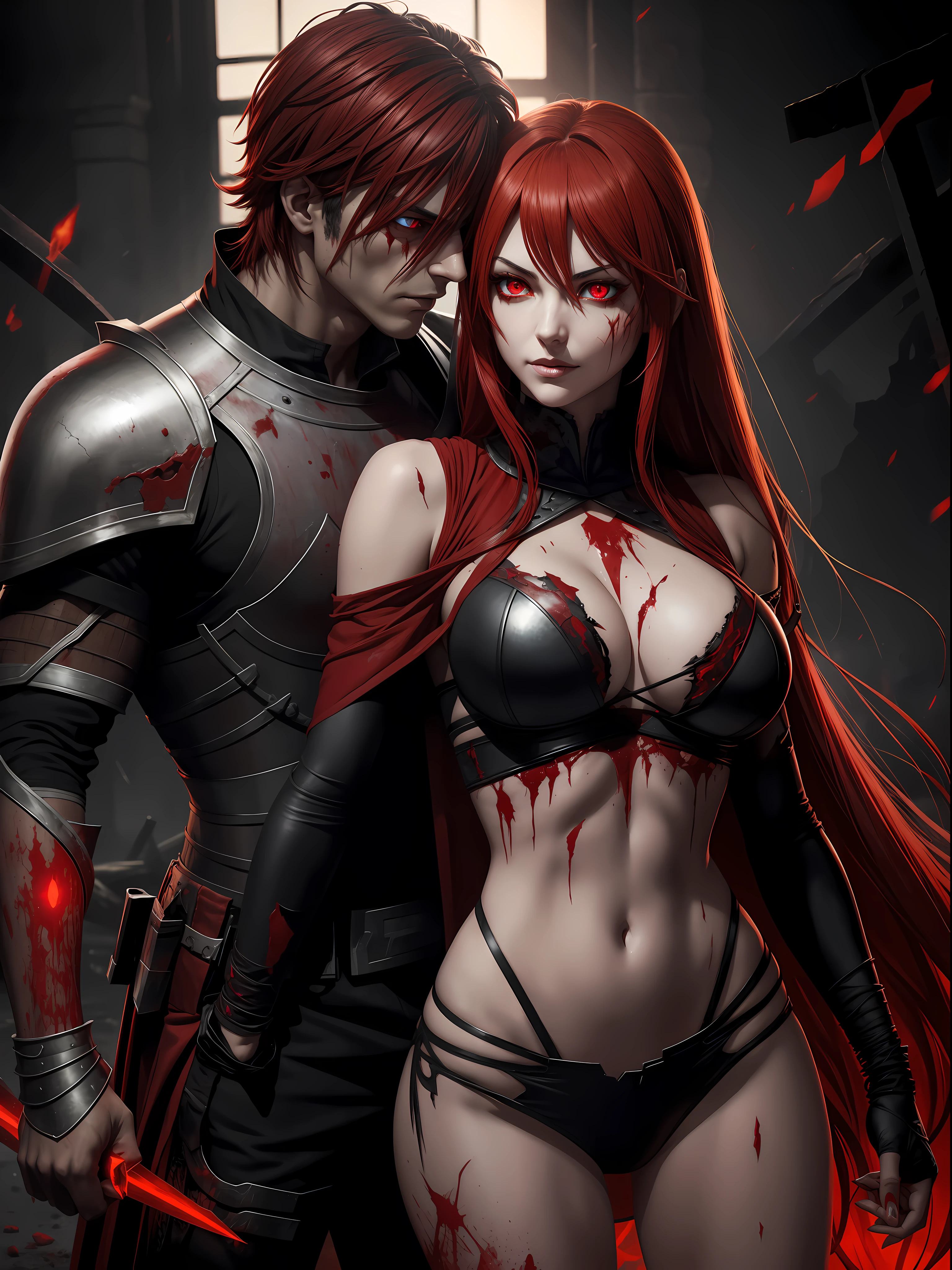 Dismembered woman, after fight, blood everywhere, Tired, Ripped clothes, damaged armor, Evil, glowing red eyes, Smirk, in the battlefield l, Arab features, one hand cut off, scar on eye, Rias Gremory lookalike, kissing an evil man with red glowing eyes and ripped clothes