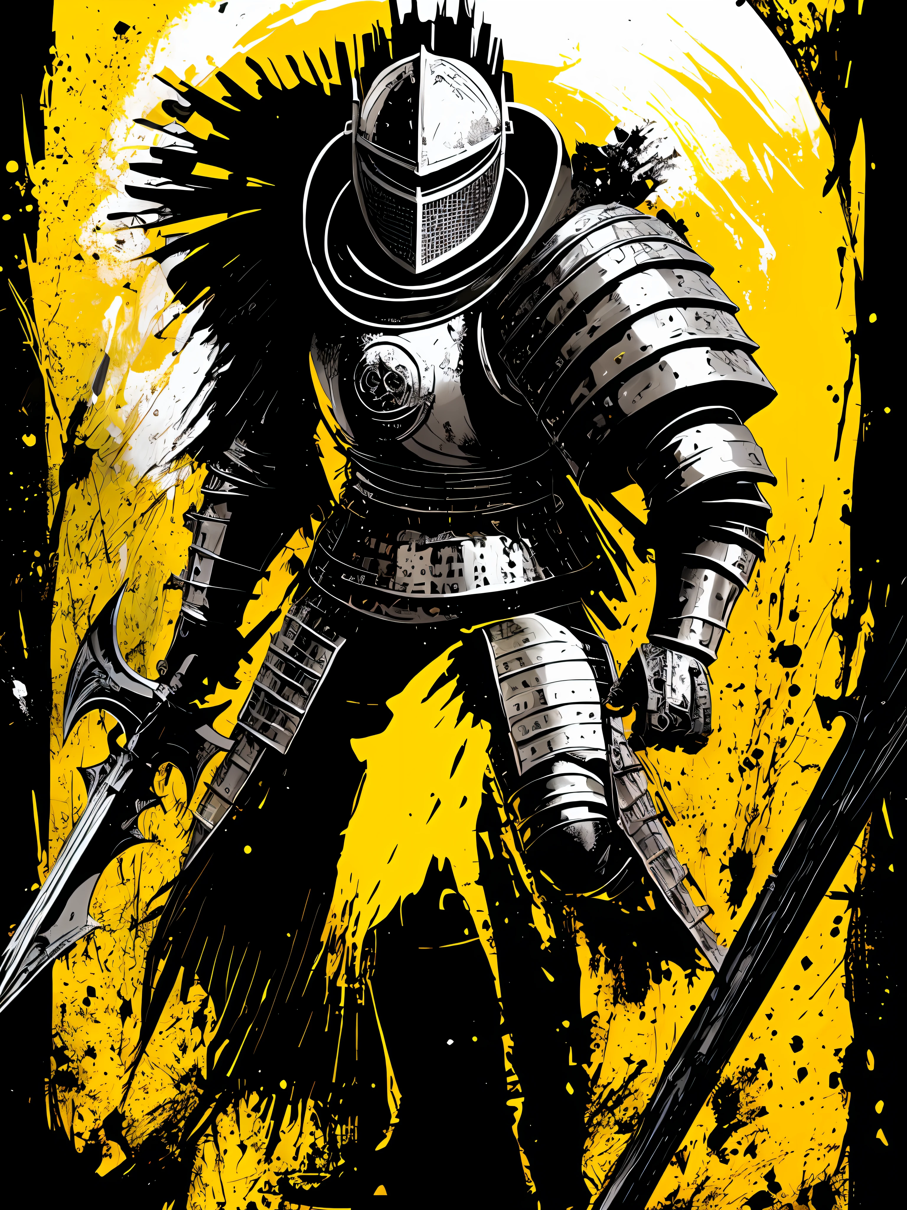 (a full body medieval knight, solo, black and white), in the style of Mork Borg, strong contrast, grunge dirty punk splash art, zine black metal, yellow and black medieval background