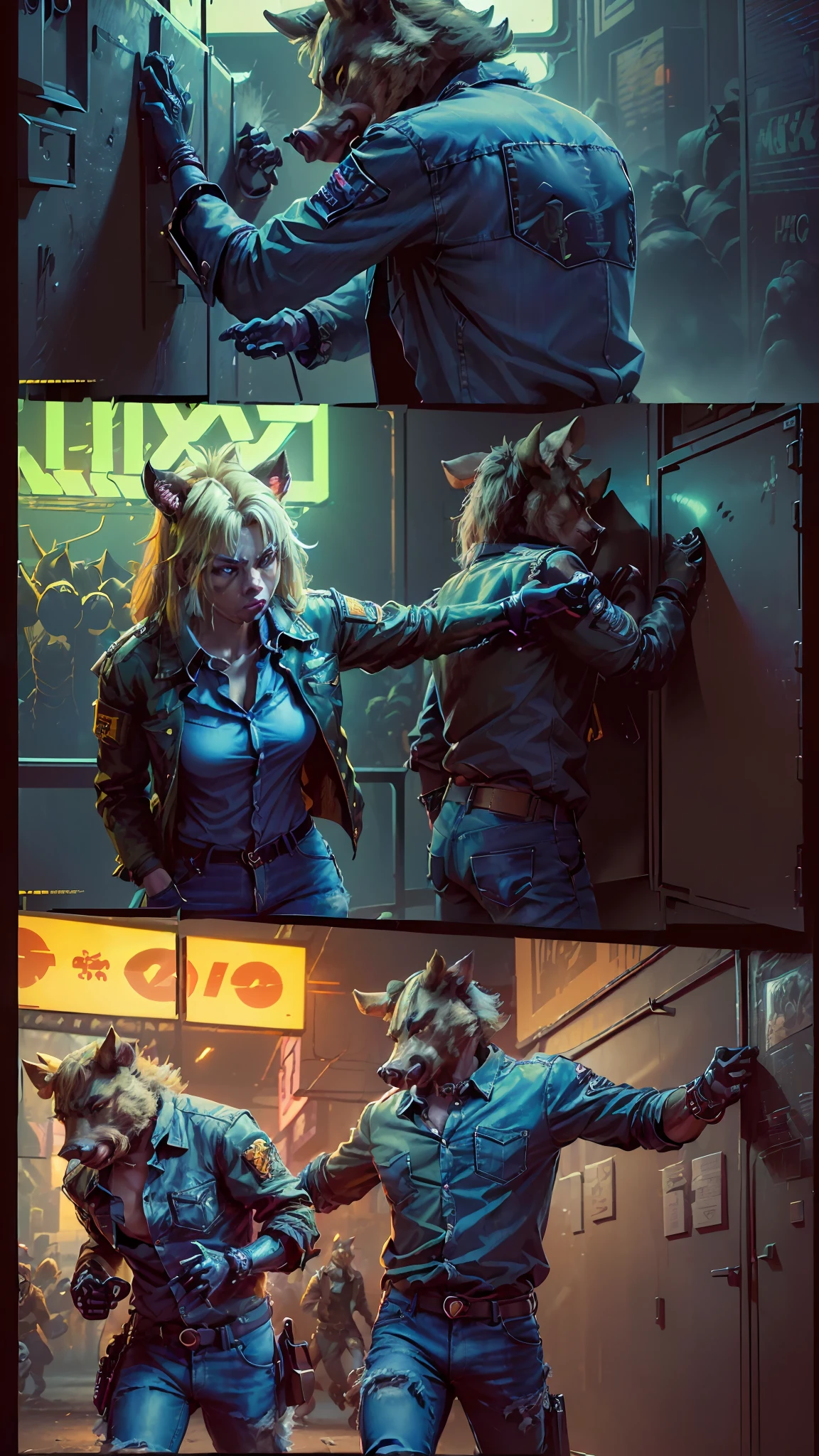 ((ACTION SCENE)), ((furry)) (((TWO FRAMES ONE PAGE)), ((furry)) (( anthropomorphic boar, open button shirt, jeans) FOUGHT with a furry fox),| cyberpunk ((cybernetic body parts)), ((Best quality)), ((masterpiece)), (highly detailed:1.3), Neon Noir, YELLOW NEON LIGHT FROM CITY SIGNS MONITOR, GREEN NEON SIGNS ON THE WALL, ((action scene))