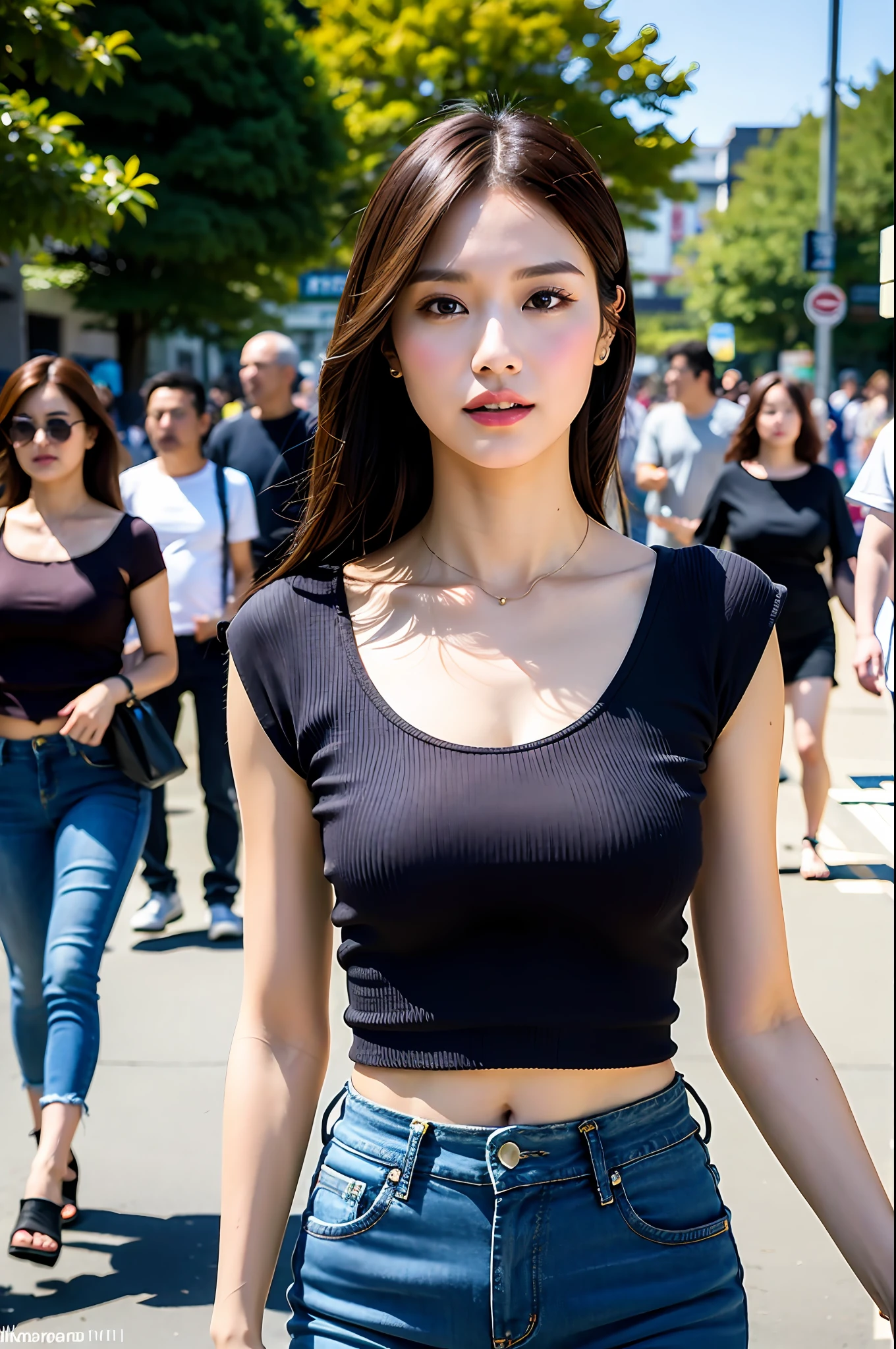 nikon RAW photo,8 k,Fujifilm XT3,masterpiece, best quality, realistic, photorealistic,ultra detailed,extremely detailed face,
1girl,

sexy top, a woman wearing a black top and jeans , wearing a sexy top,walking on a busy street,


ithlinni,