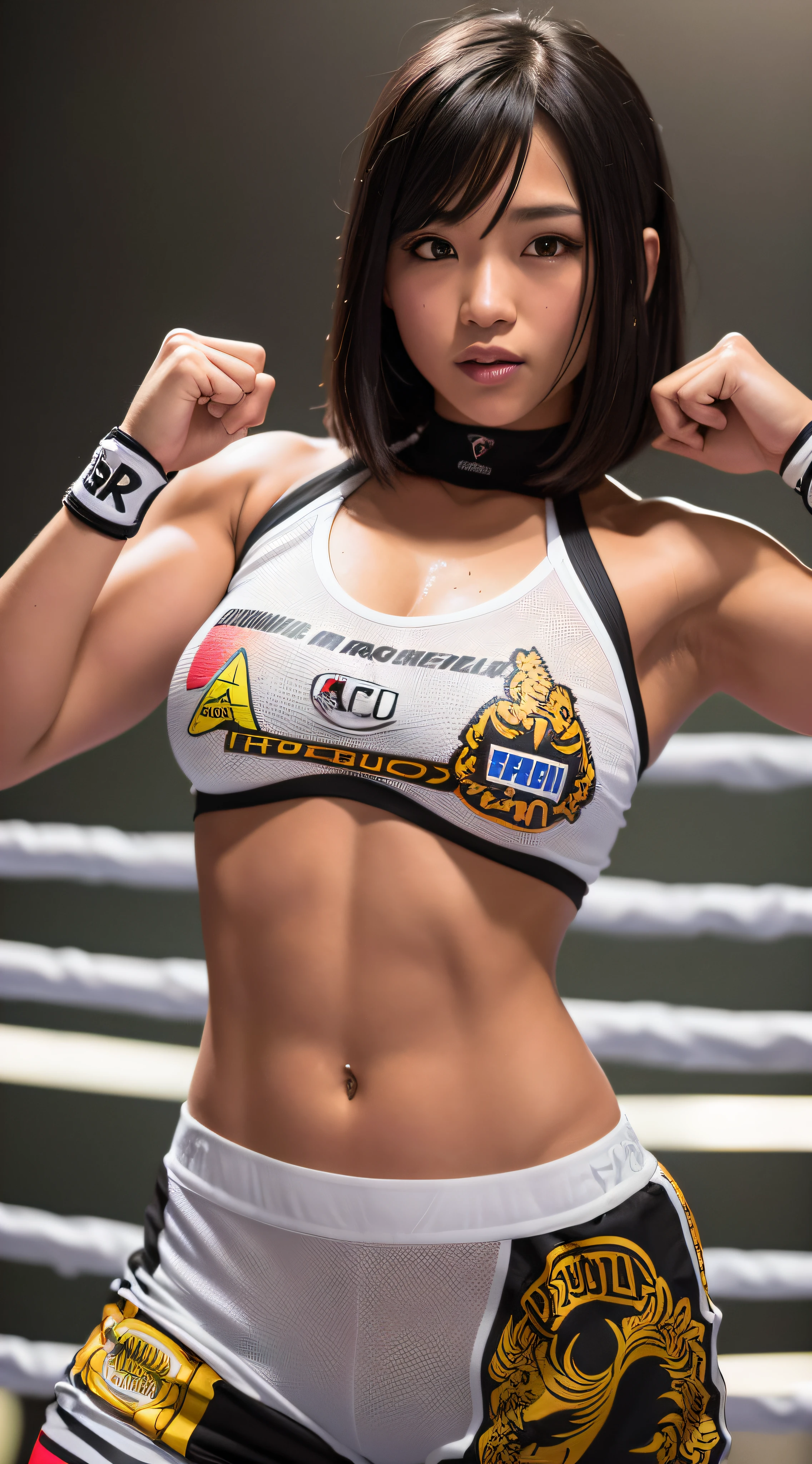 smile, raw photo, one girl, black hair bob-haired, beautiful woman, 22 years old, tanned, attractive female body, light muscles, dynamism, match venue, constricted waist, 4k, HDR, realistic photo, realistic texture, tight skin, navel visible, (realistic, photoreal: 1.4), meko, photo, photo, masterpiece, highly detailed photo, dslr, Muay Thai, wearing Muay Thai pants, wearing gloves on his hands, sweating and fighting, fighting in the ring, feeling realistic,