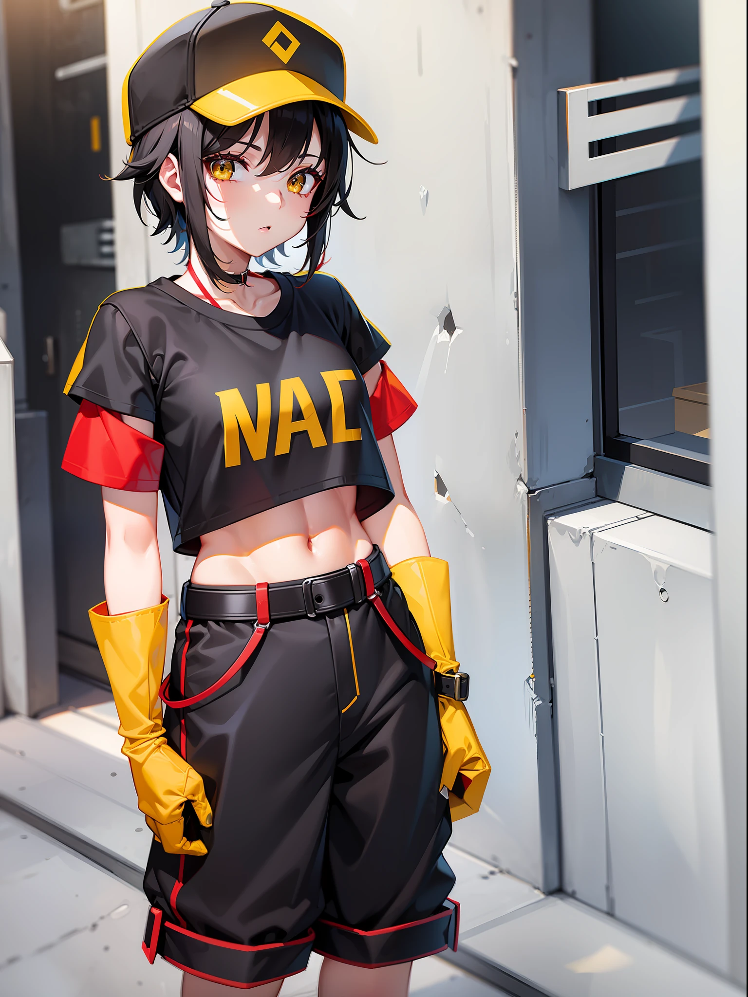 Yellow cap with red brim, short black hair, yellow short sleeve clothes with red neck, red waist belt, black long pants, yellow shoes, girl, outdoor