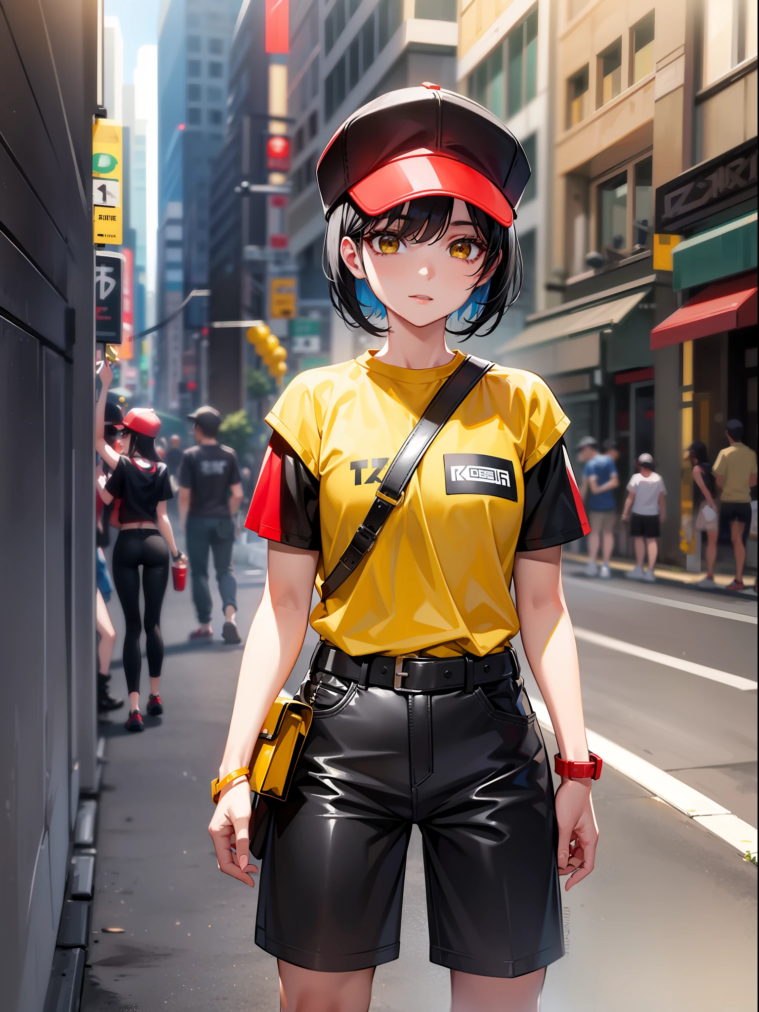 Yellow cap with red brim, short black hair, yellow short sleeve clothes with red neck, red waist belt, black long pants, yellow shoes, girl, outdoor