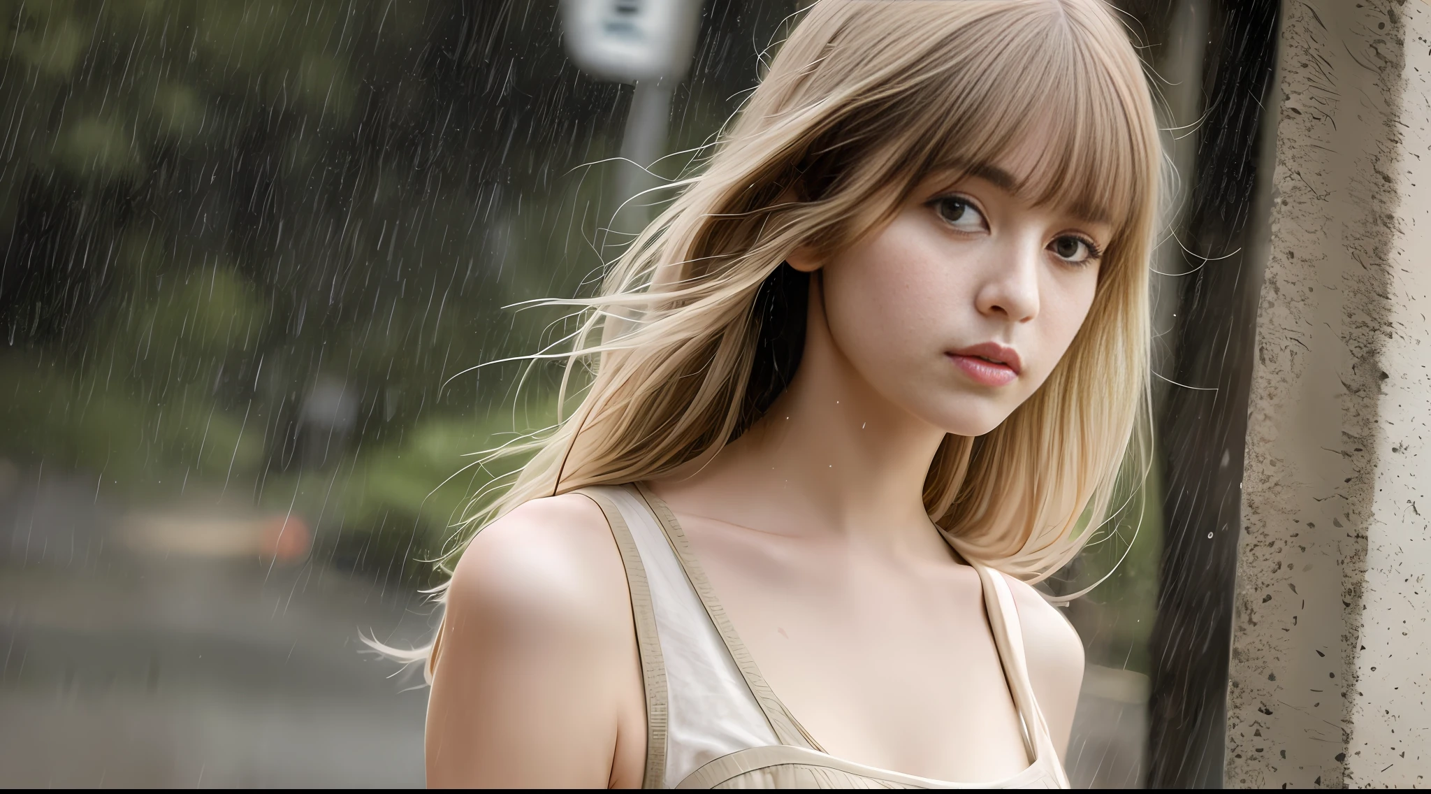 Stunning close-up portrait of a young and beautiful woman with RAW, analog style and impressive features. She should have long, flowing hair, a seductive gaze, and an attractive look. The background is neutral and simple, allowing the woman to be the focal point of the image. Pay attention to details, such as highlights and shadows on her face and hair, to create realistic and realistic images. Experiment with different lighting techniques to enhance the mood and atmosphere of your portrait. The final product should be a masterpiece that captures the essence and beauty of women ((highly detailed skin, skin details)), Sharp Focus, Volumetric Fog, 8K, UHD, DSLR, High Quality, Film Grain, FUJIFILM XT3, Beige Camisole Dress, Hemp Dress, Floret Dress, Washed Rough Dress, Chest Lace Dress, short cut hair, disheveled hair, rainy street corner, puddle, water, rain, heavy rain, pouring rain, antique street corner, tousled hair in wind