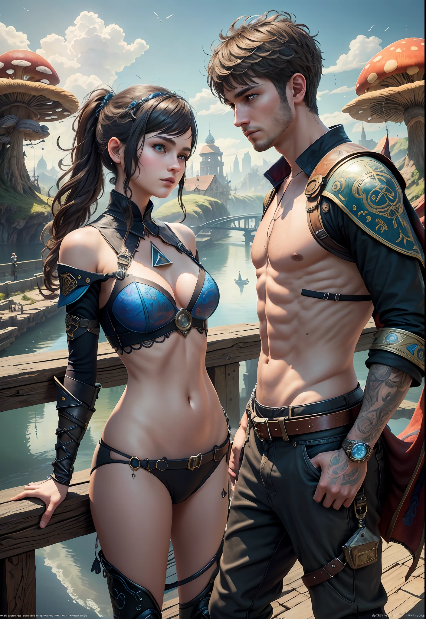 (((Multiplayer, Man and Woman))), Best Quality, Realistic, Realistic, Award-Winning Illustrations, (Intricate Details: 1.2), (Fine Details), (Intricate Details), (Cinematic Light, Best Quality Backlight), Clear Lines, Sharp Focus, Official Art, Unity 8k Wallpaper, Ridiculous, Incredibly Ridiculous, Fantasy Art, RTX, ((Award-winning Triangle Studio Close-up Photo)), 1 Boy, (Shut Up), Best Quality, 4K, beautiful mysterious creatures, female, flying, surrealism, masterpiece of NCWINTERS, in mysterious country town, masterpiece, intricate details, ff14style, urban painting, bridge, river, giant mushroom, landscape, bright colors,