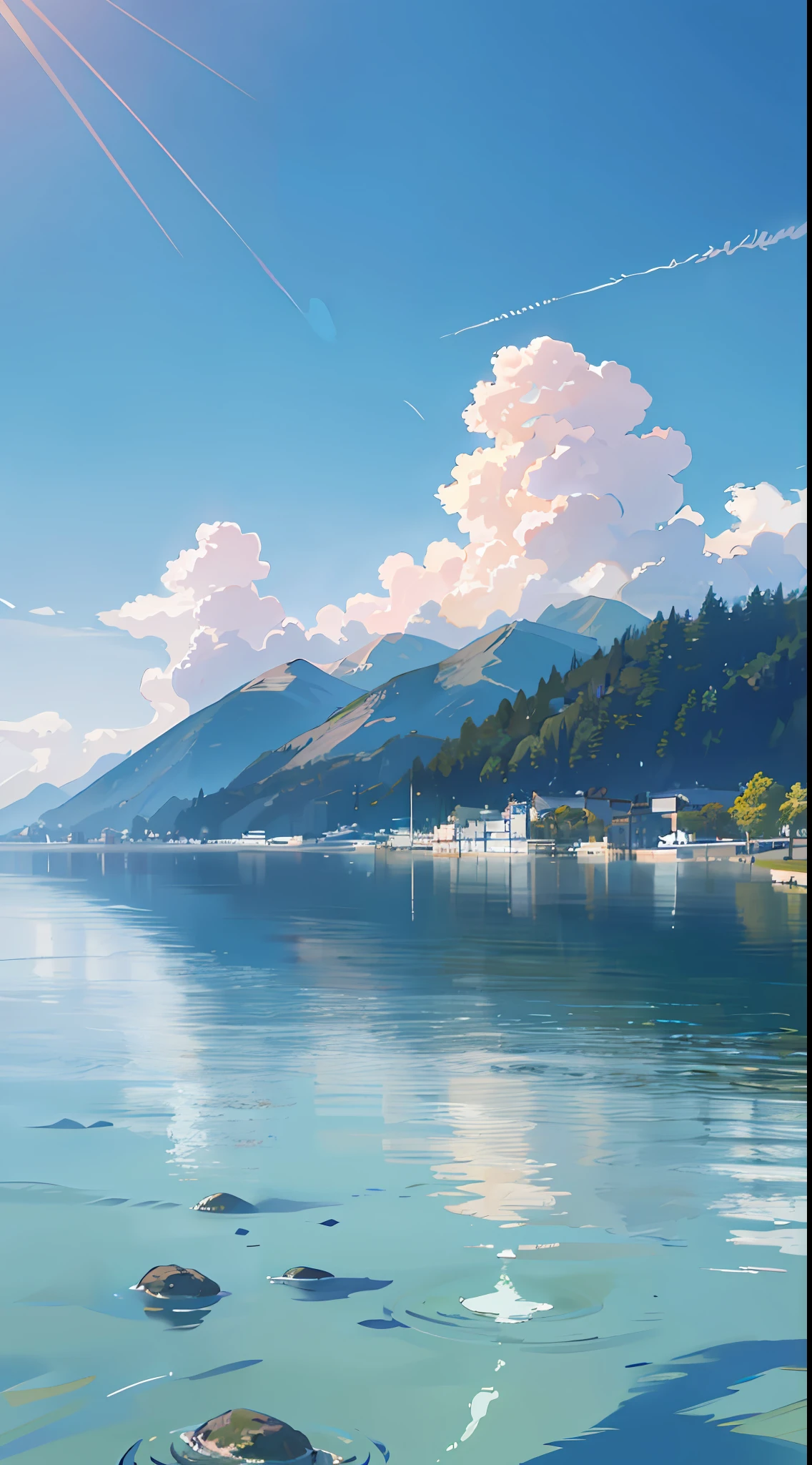 no humans, scenery, vanishing point, from below, masterpiece, best quality, 8k, absurdres, water surface, summer, noon, sunlight, blue sky, perspective, depth of field, highres, finely detail, ultra-detailed, sharp focus
